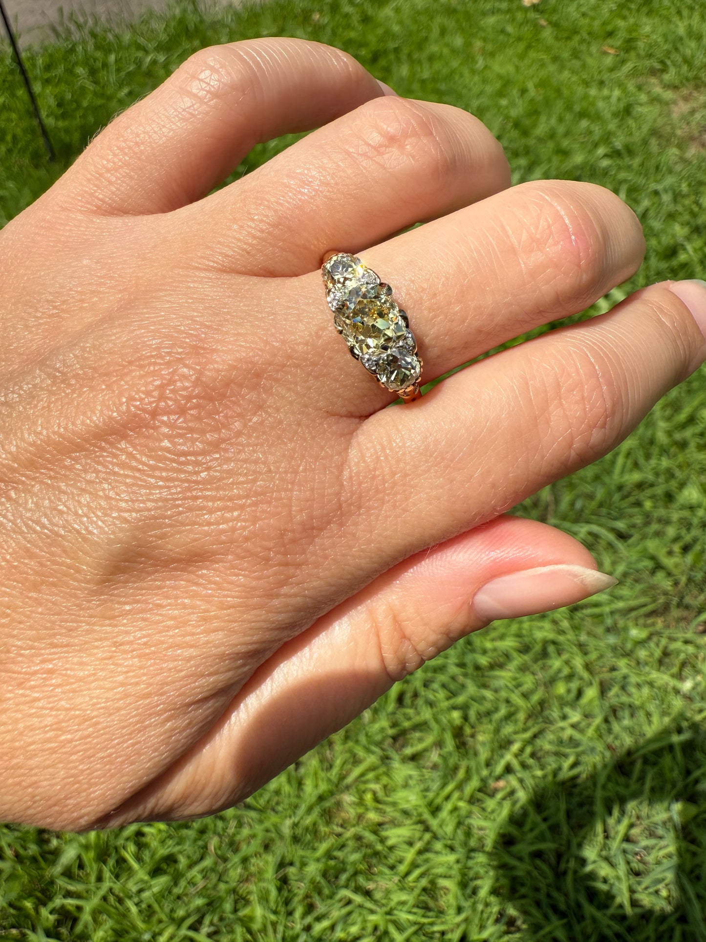 SPECIAL 3.1 Carat Antique FANCY YELLOW Old Mine Cut Diamond Three Stone Canary Ring Gemset Prong Spacers 18k Gold Rare Chunky Band
