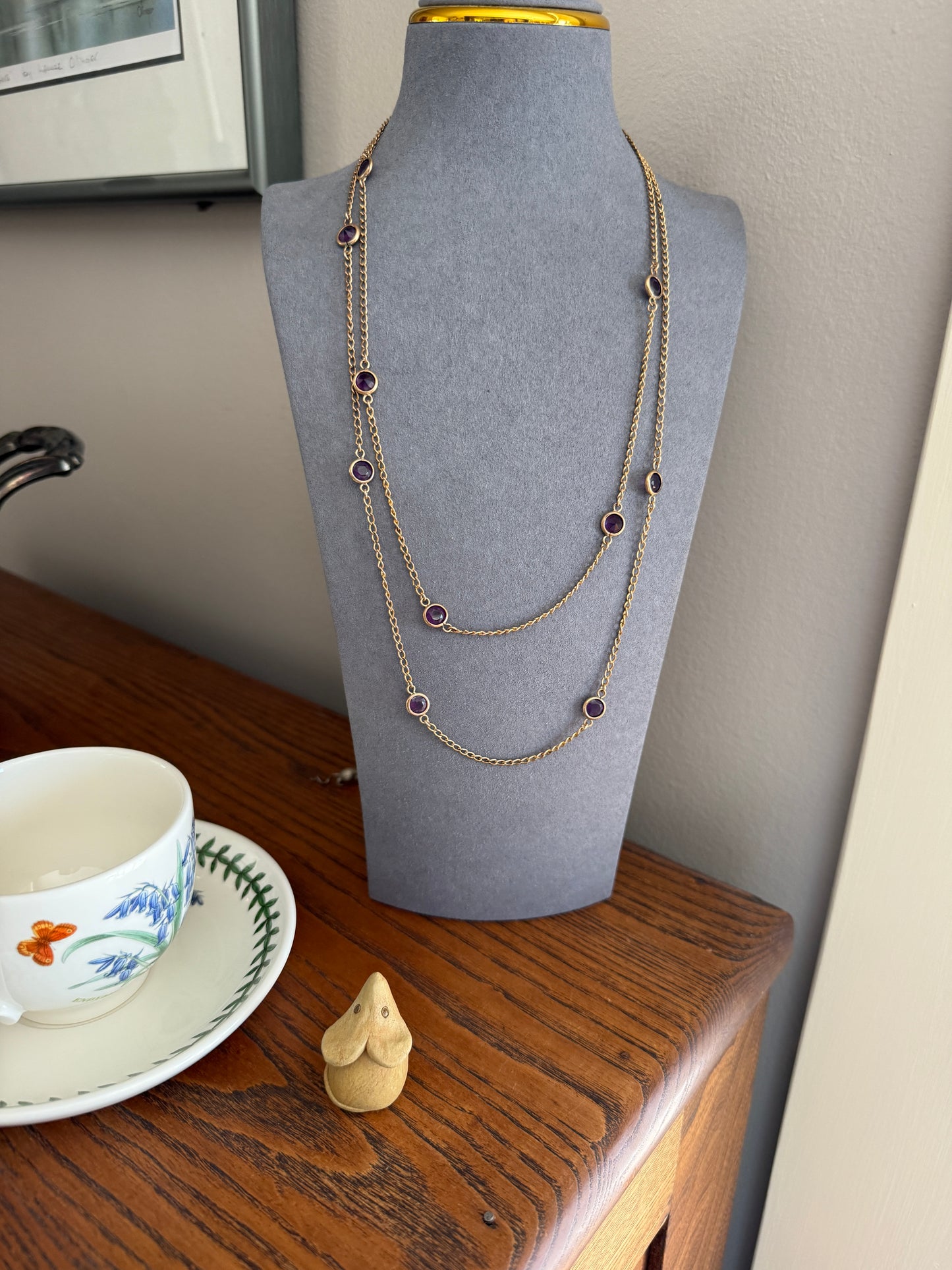 Antique Rosy Gold Filled Long Guard Muff Pocket Watch Station Body Chain Faux Amethyst Purple Paste X-Long Dog Clip 17.8g 46" Linear Length