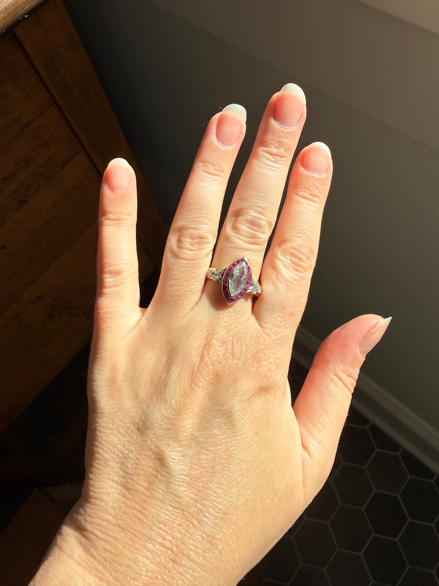 Vintage One Carat Old Cut MARQUISE Diamond Ruby HALO Navette French Art Deco Ring 18k Gold Platinum Belle Epoque Pink Rose Cut Accents