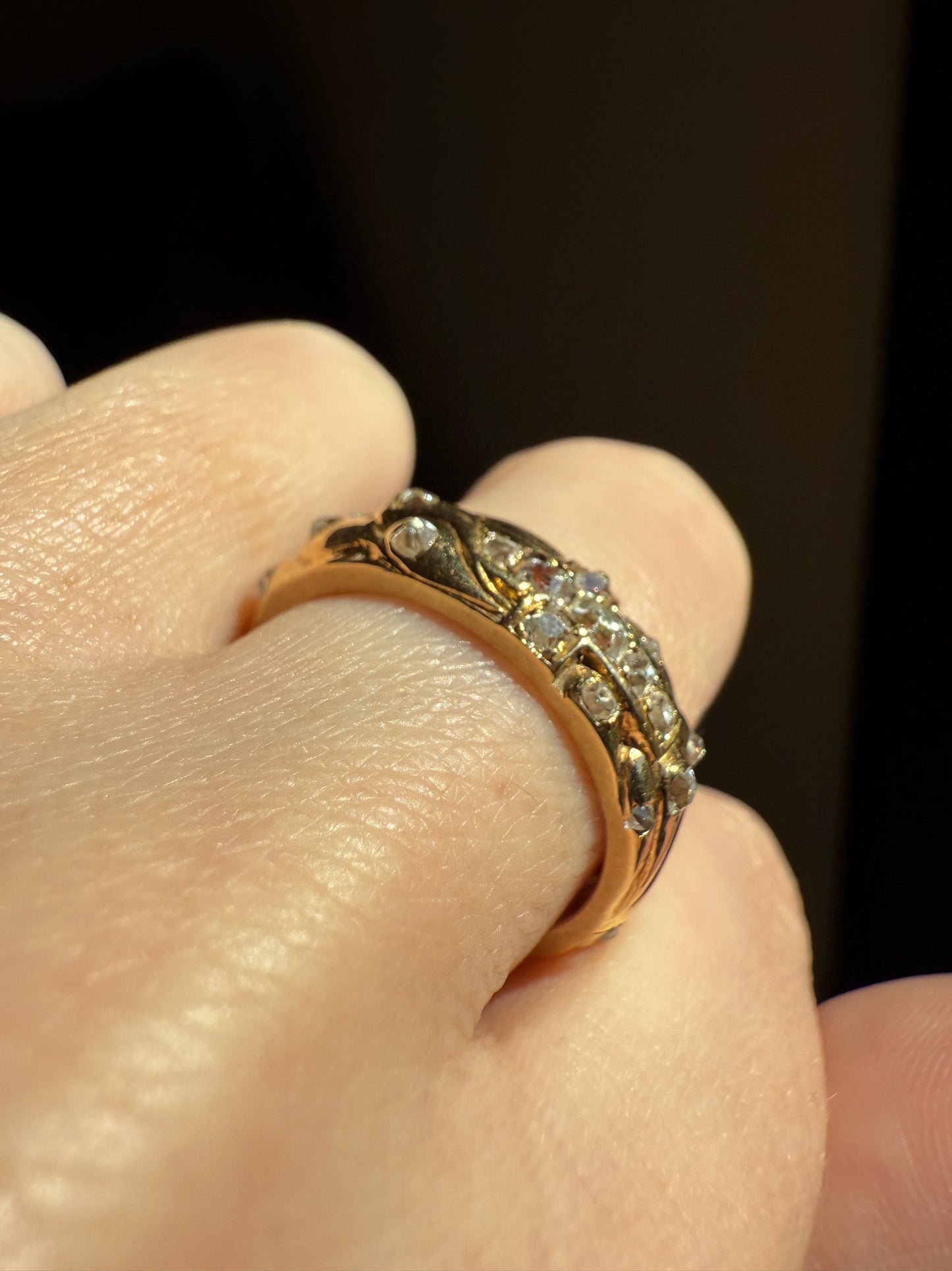 HEAVY One of a Kind Chunky Elongated 1.5ctw Old Mine Cut DIAMOND Encrusted Eternity Band French c1939 Ring 9.6g 18k Gold Anniversary? Dated