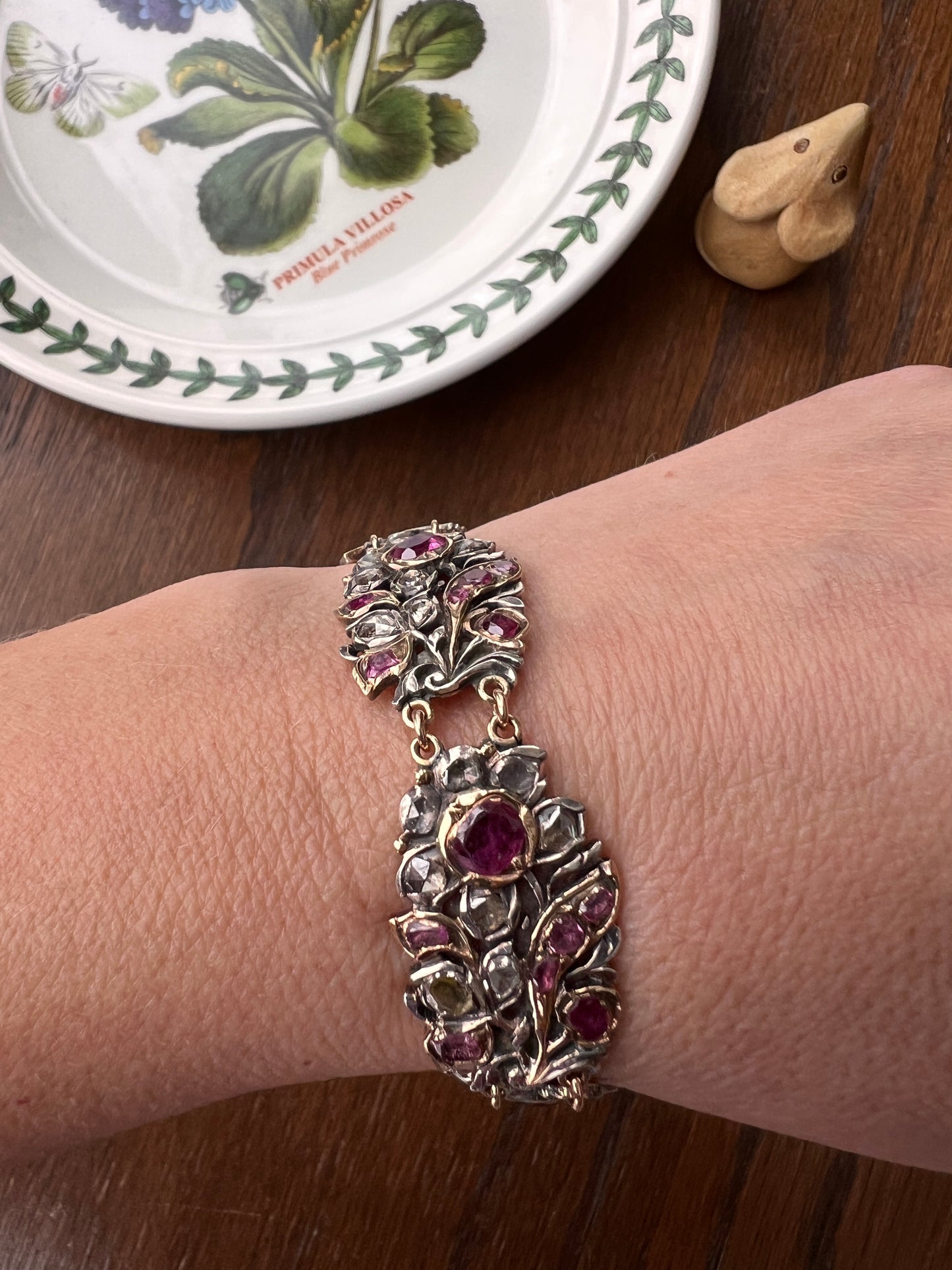 RARE Floral GIARDINETTI Antique Bracelet Flat Cut Ruby Pink Sapphire Rose Cut DIAMOND Figural Link Bracelet Georgian 14k Gold Silver