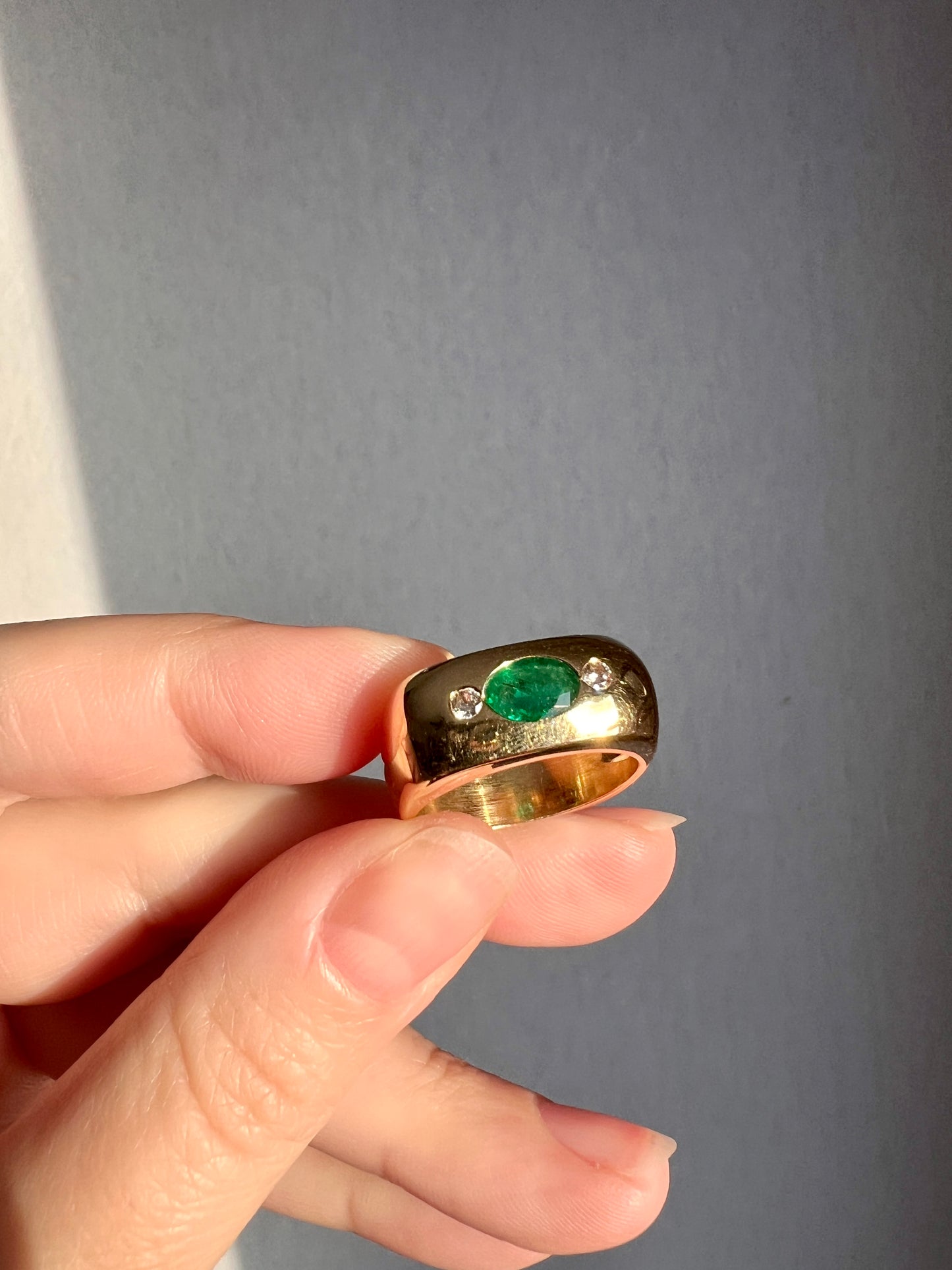 HEAVY Green EMERALD Diamond Vintage Three Stone Gypsy Ring French 18k Gold Chunky Wide Square Band Natural Unisex