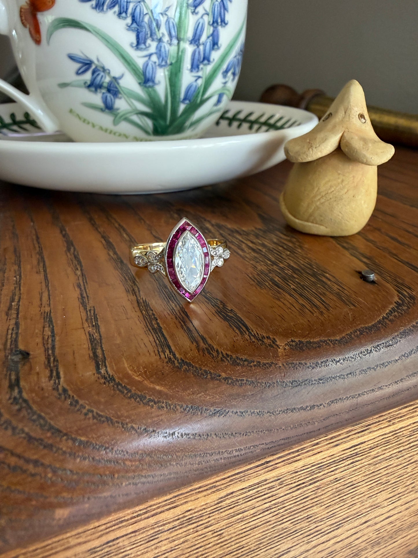 Vintage One Carat Old Cut MARQUISE Diamond Ruby HALO Navette French Art Deco Ring 18k Gold Platinum Belle Epoque Pink Rose Cut Accents