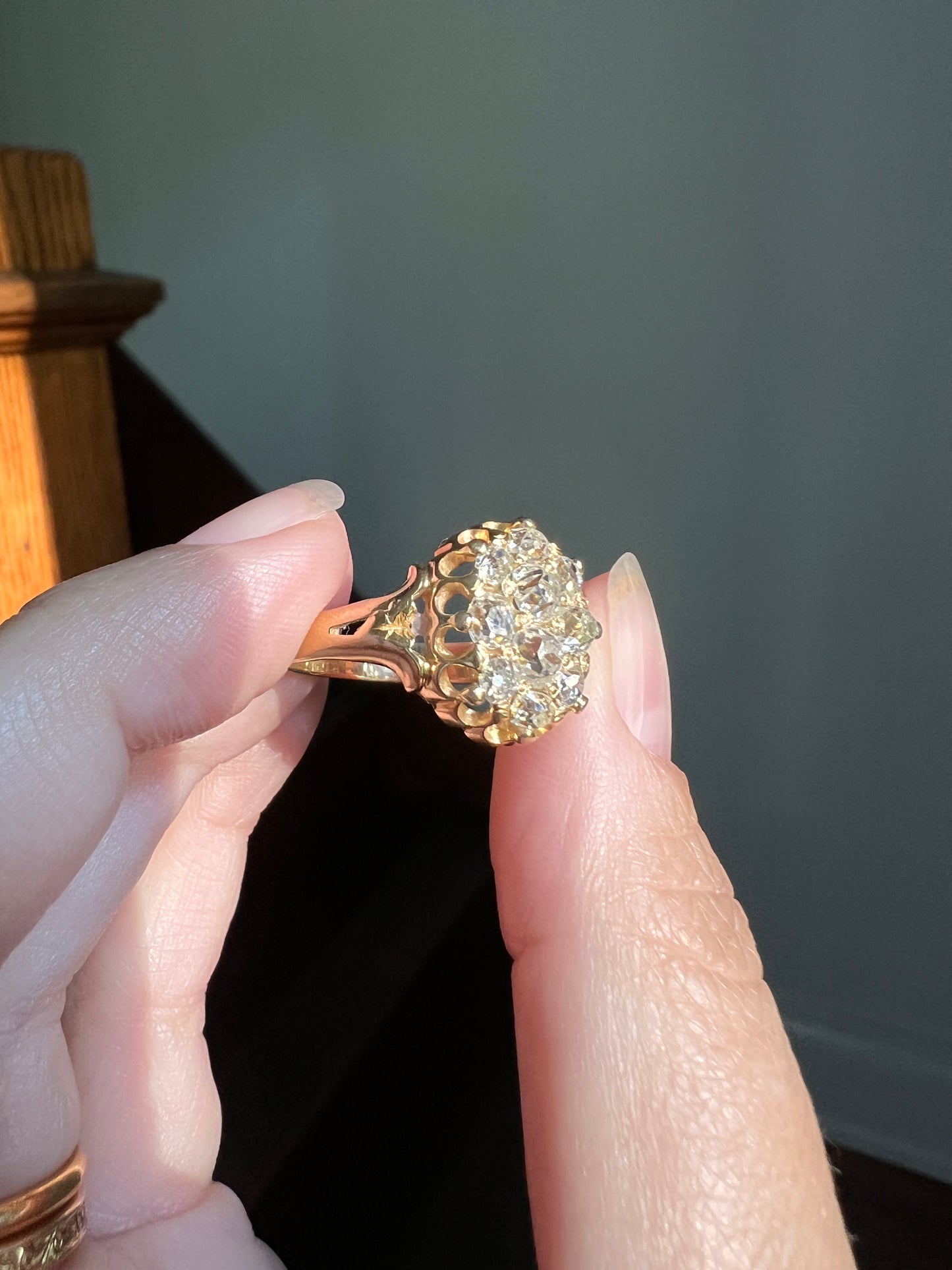 Antique 1.2 Carat OVAL Old Mine Cut DIAMOND Cluster Ring Stamped Prongs! 14k Gold VICTORIAN