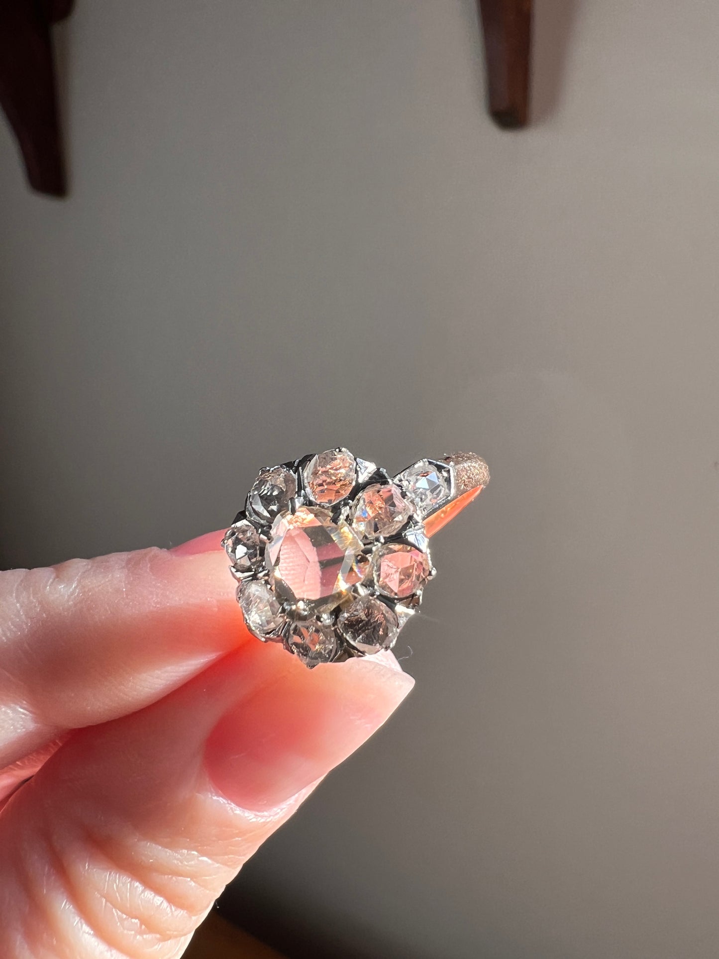 ANTIQUE 1.3 CARAT Rose Cut DIAMOND Clear Disco Daisy Cluster Ring French Victorian Era 18k Gold Platinum