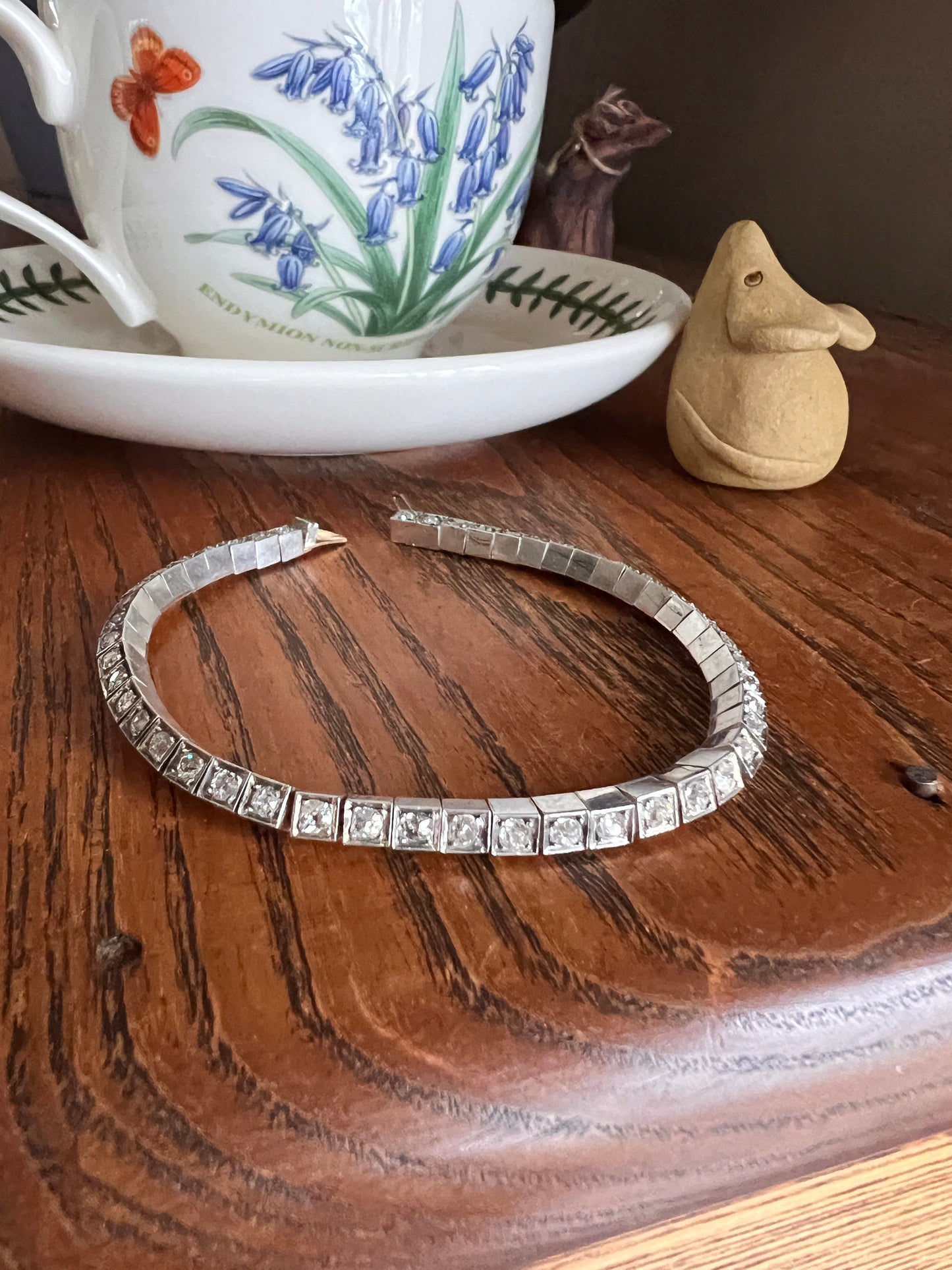 Antique 2.8 CARAT 47 Old Mine Cut DIAMOND Line Tennis Bracelet 18k White Gold French Art Deco