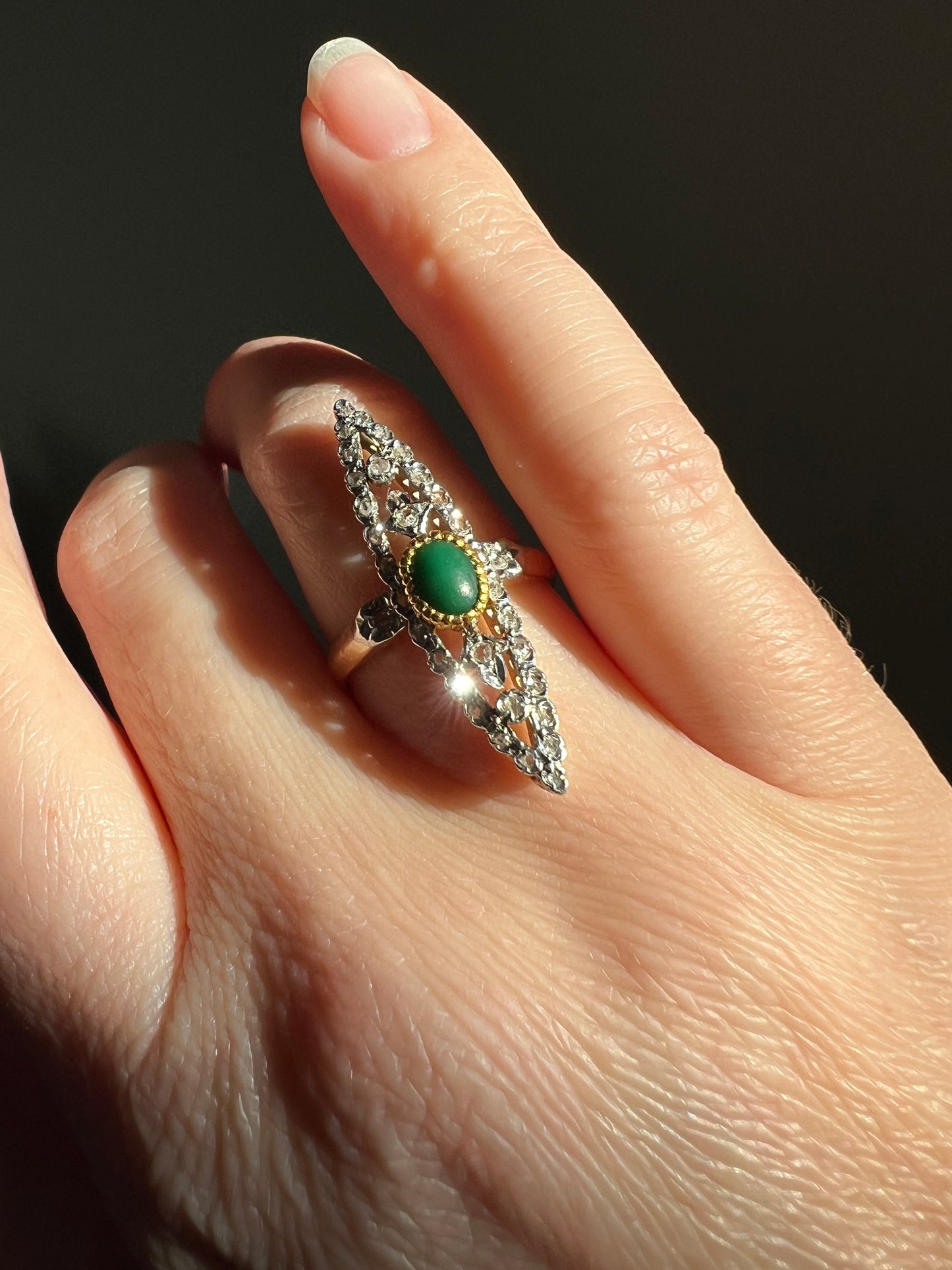 Art NOUVEAU Antique FRENCH Rose Cut Diamond Green Stone Skinny Navette Ring 14k 18k Gold Belle Epoque Ornate Filigree