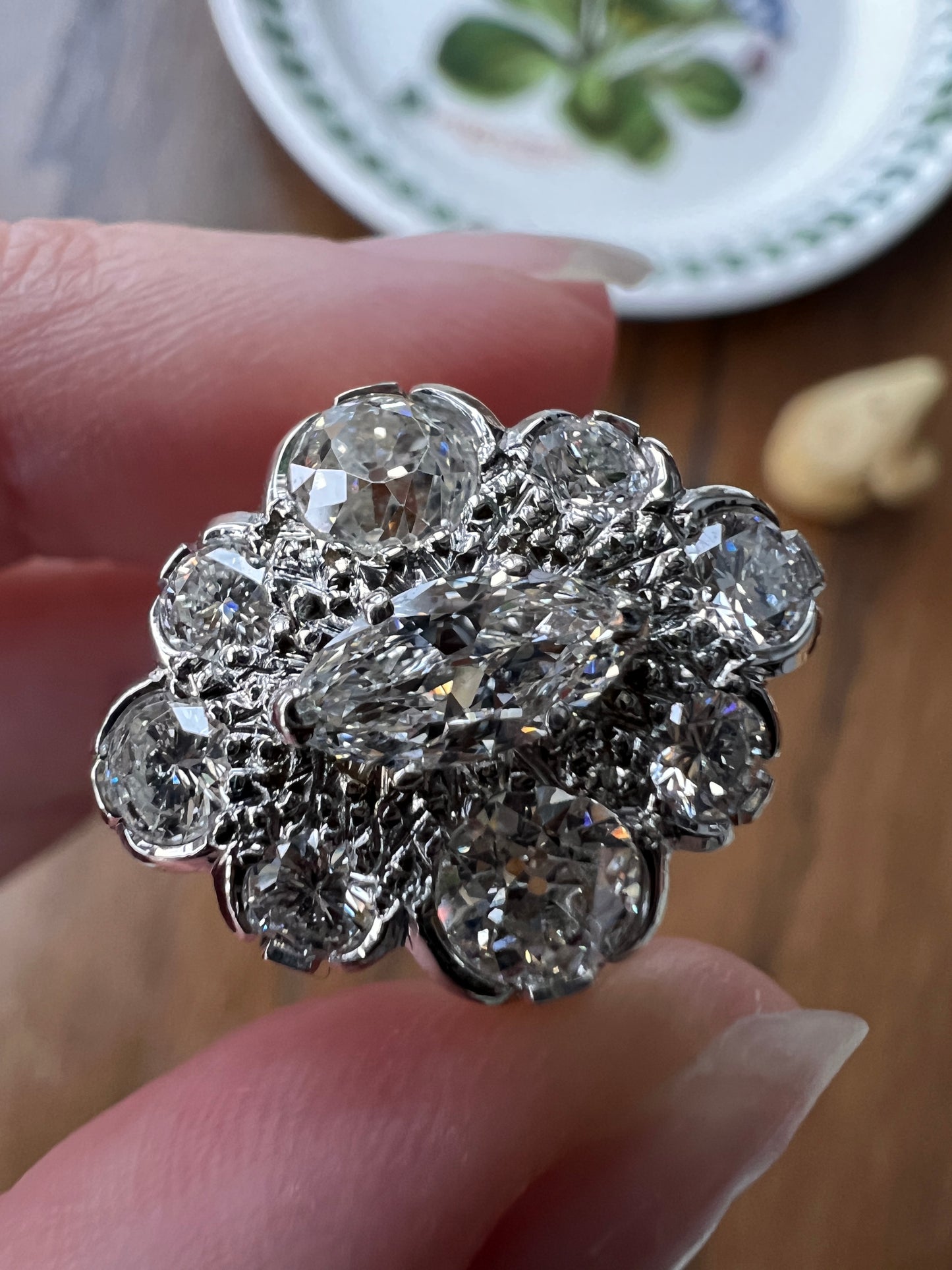 MARQUISE Antique Old Mine Cut 2.4 Carat DIAMOND Daisy Cluster Ring Eye Clean Fiery Vintage Brilliant Halo 18k Gold