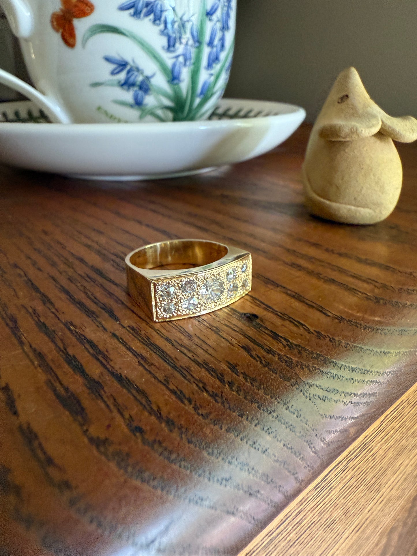 Transitional & Old Mine Cut DIAMOND 1Ctw French Vintage Grid Ring Platform Unisex Nine Stone Sturdy 7.5g 18k Gold Chunky Signet Stacker Gift