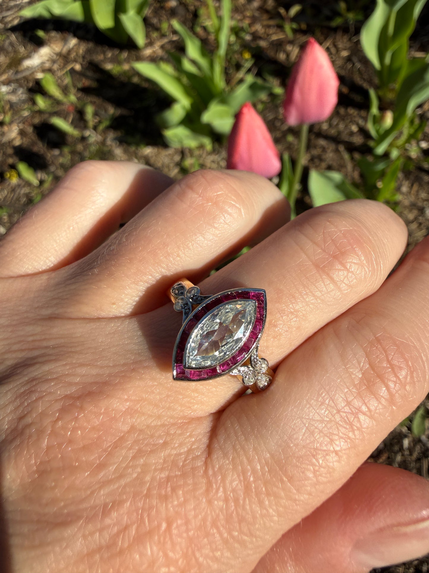 Vintage One Carat Old Cut MARQUISE Diamond Ruby HALO Navette French Art Deco Ring 18k Gold Platinum Belle Epoque Pink Rose Cut Accents