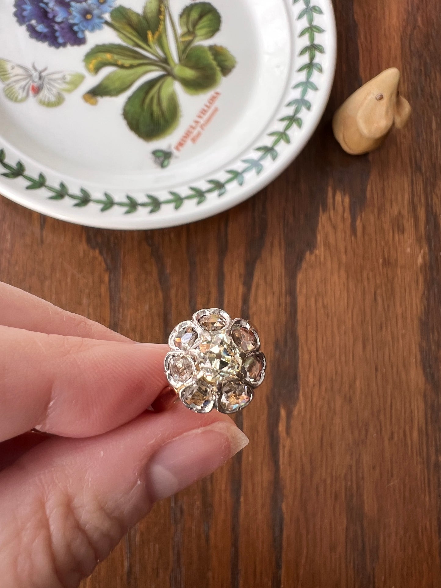 Antique Pale Yellow Center 1.75 Carat Rose Table Old Mine Cut DIAMOND Halo Cluster Ring 18k Gold