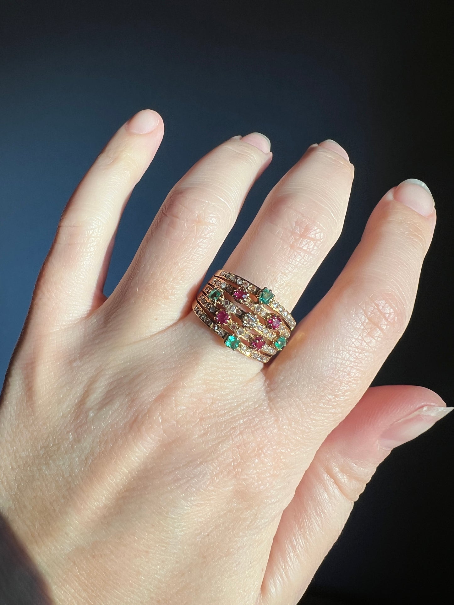 Antique Rose & Old Mine Cut Diamond Old Cut Natural RUBY Emerald Multi Band Ring Harem Victorian French 18k Gold