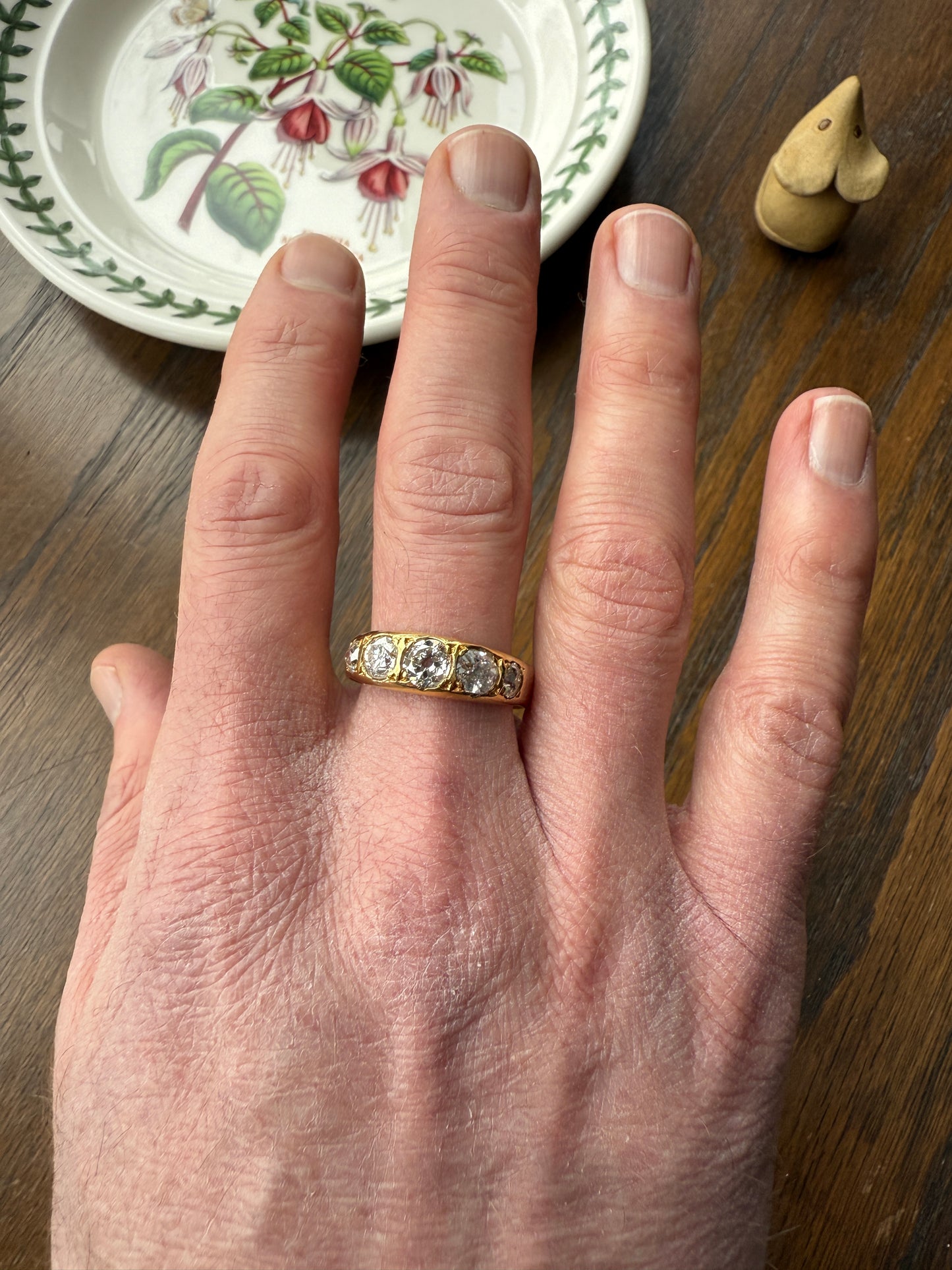 XL 2.5 Carats FIVE Stone Old Mine Cut DIAMOND Gypsy Ring Wide Band 18k Gold Solid Chunky Antique Edwardian Victorian Stacker OmC Man Unisex