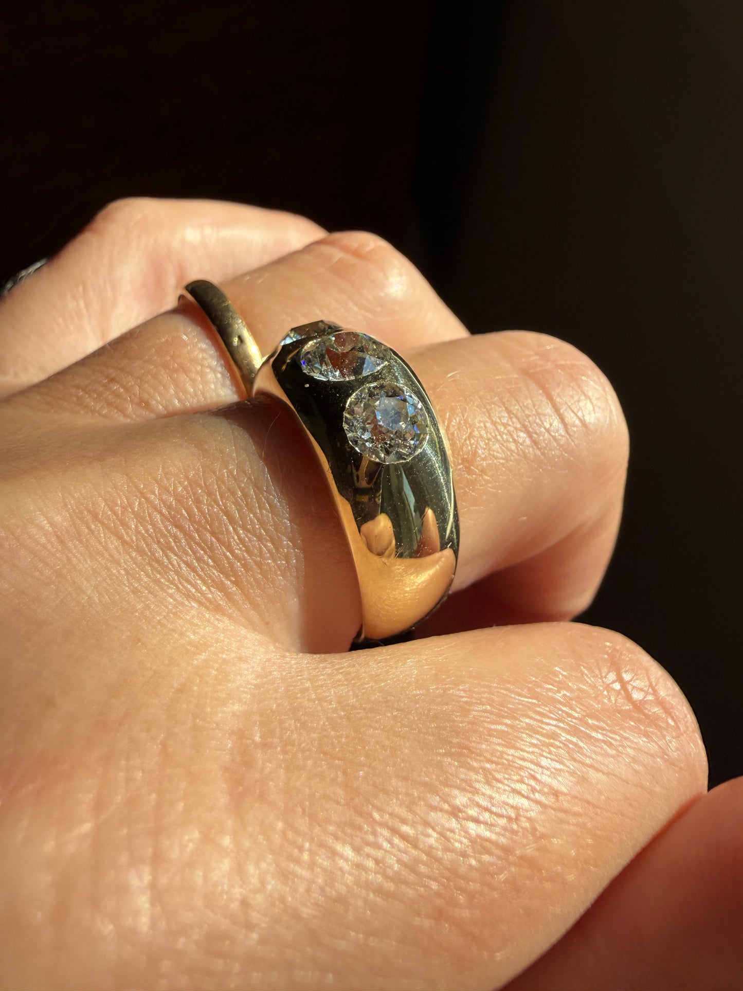 HEAVY Antique 2.4 Carats Natural Old Mine Cut Diamond Three Stone Gypsy Band 10.1g 14k Gold Stacker Ring Man Unisex Chunky