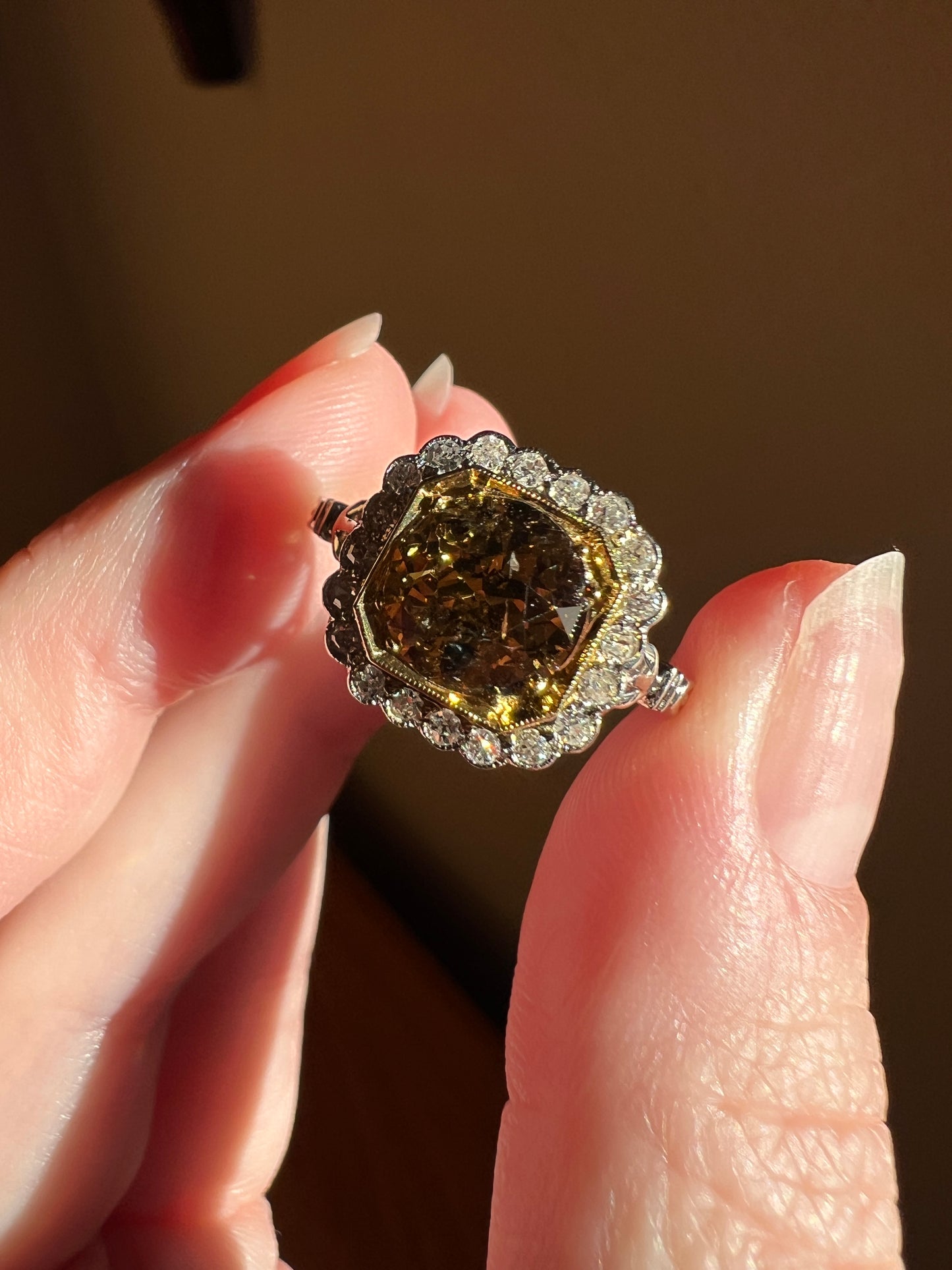 Edwardian 2.3 Carat Tdw Antique Fancy BROWN Yellow Old European Cut DIAMOND Halo Ring Platinum 18k Gold