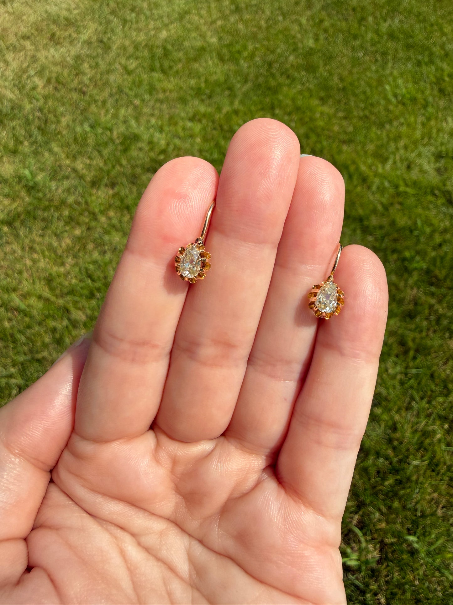 Rare PEAR Pale Yellow Old Mine Cut ANTIQUE One Carat Diamond Dormeuse Earrings 18k Gold Fixed Buttercup Setting Minimalist Sparkle Victorian