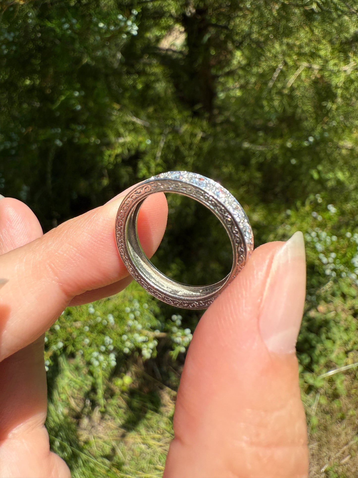 PLATINUM French Vintage 1.1 Carat DIAMOND Half Eternity Hoop Band 3.8mm Wide Engraved Eight Stone Ring Skinny Line Stacker Romantic Gift