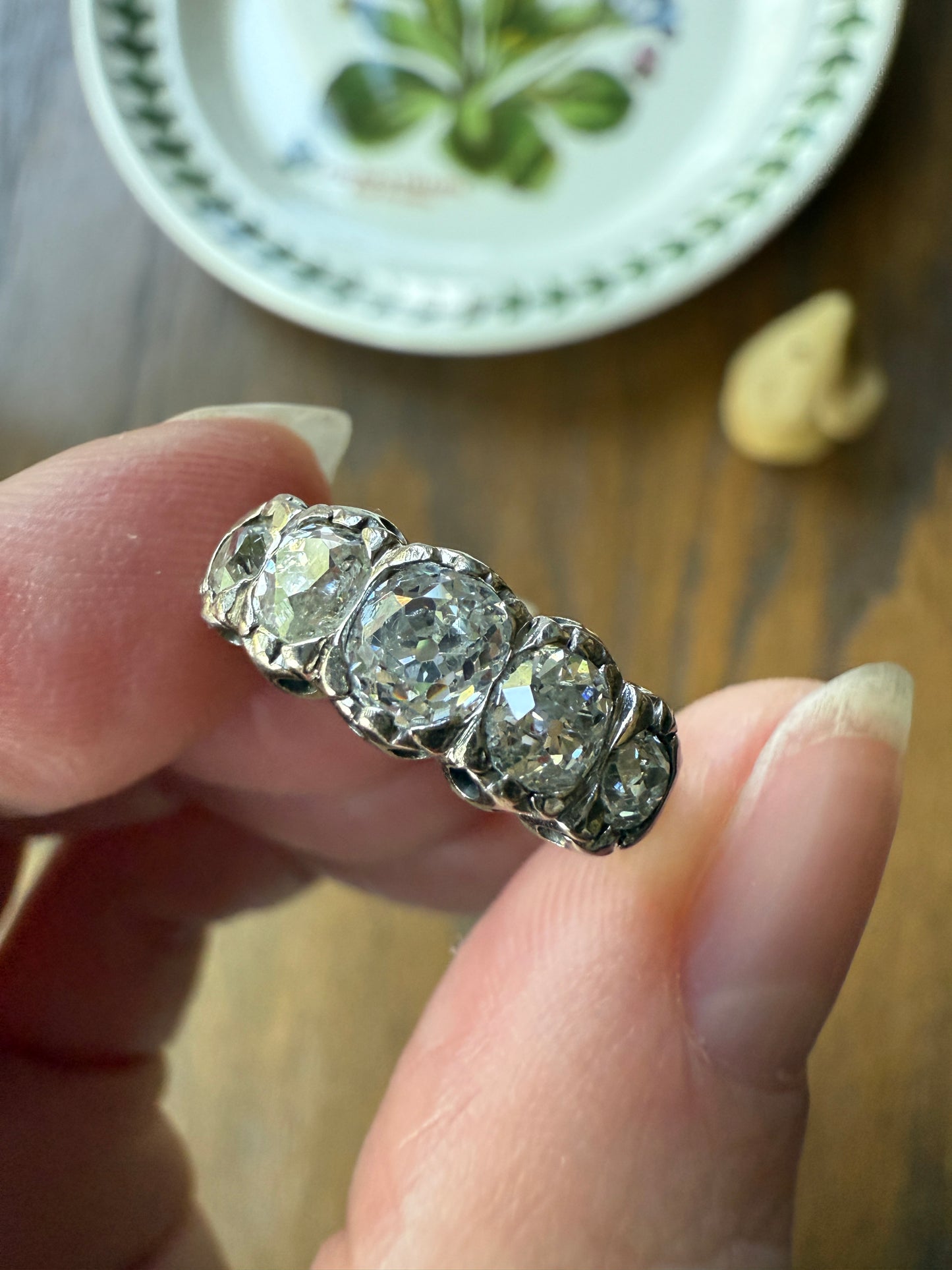 CHUNKY 1.5 Carat Five Stone Old Mine Cut Diamond Band French Antique Platinum Ring Stacker
