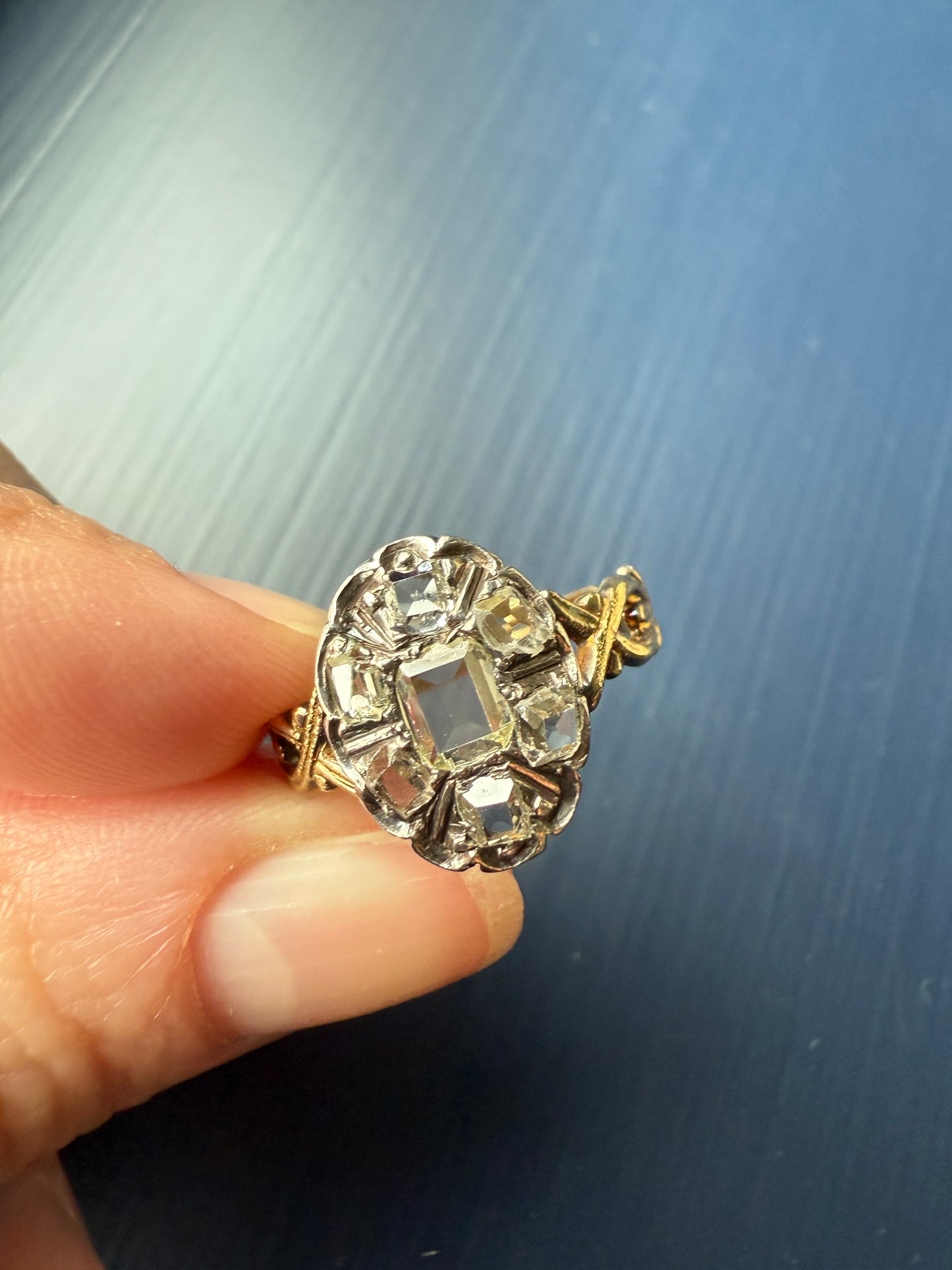 French Early Victorian Era Antique Open Back Table Cut DIAMOND Oval Cluster Ring 18k Gold Scarce Romantic Gift 1800s Ornate Band Stacker