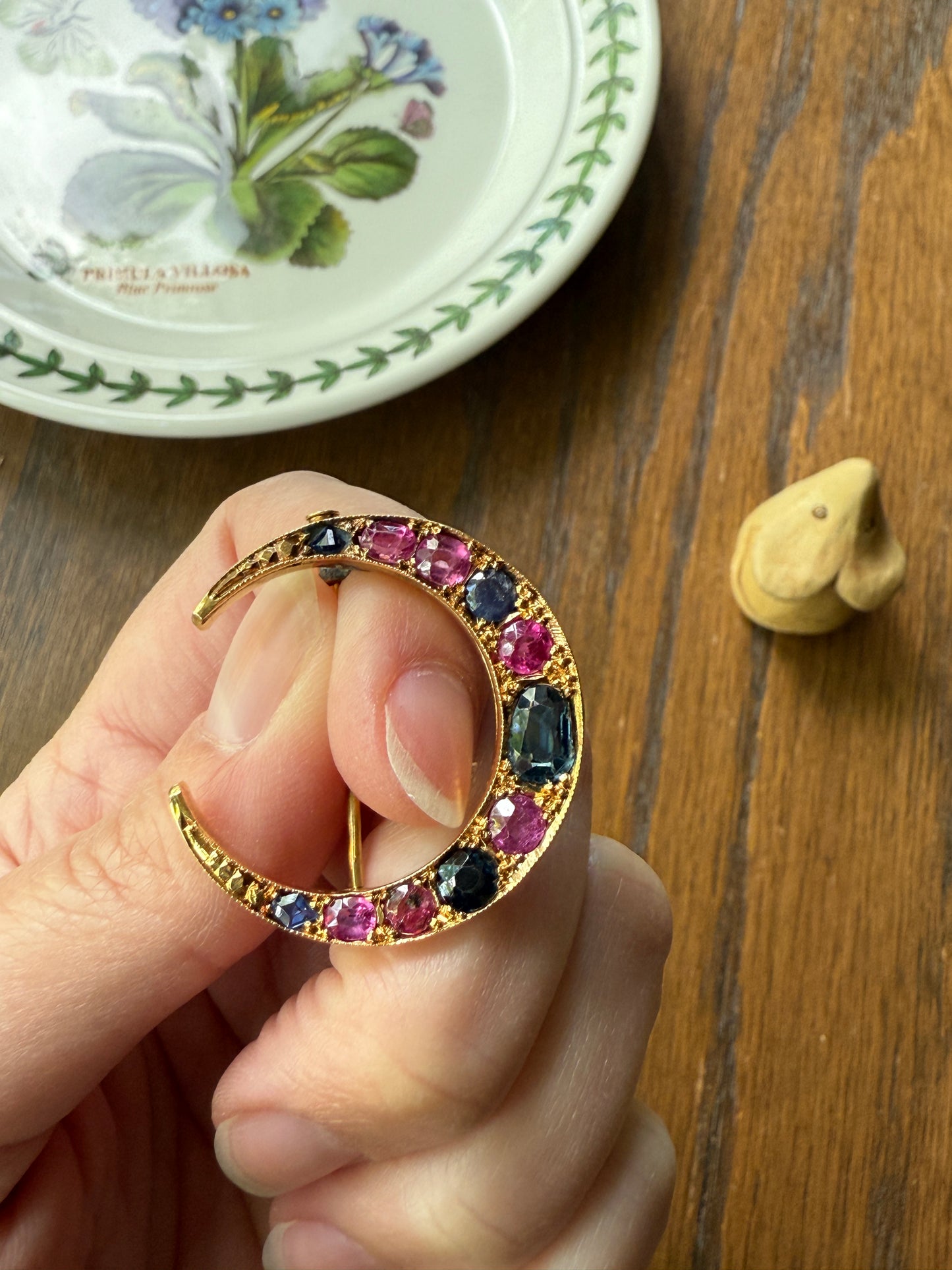 MOON Alternating Pink & Blue SAPPHIRE French Victorian ANTIQUE Pin Brooch for Pendant Romantic Gift Victorian