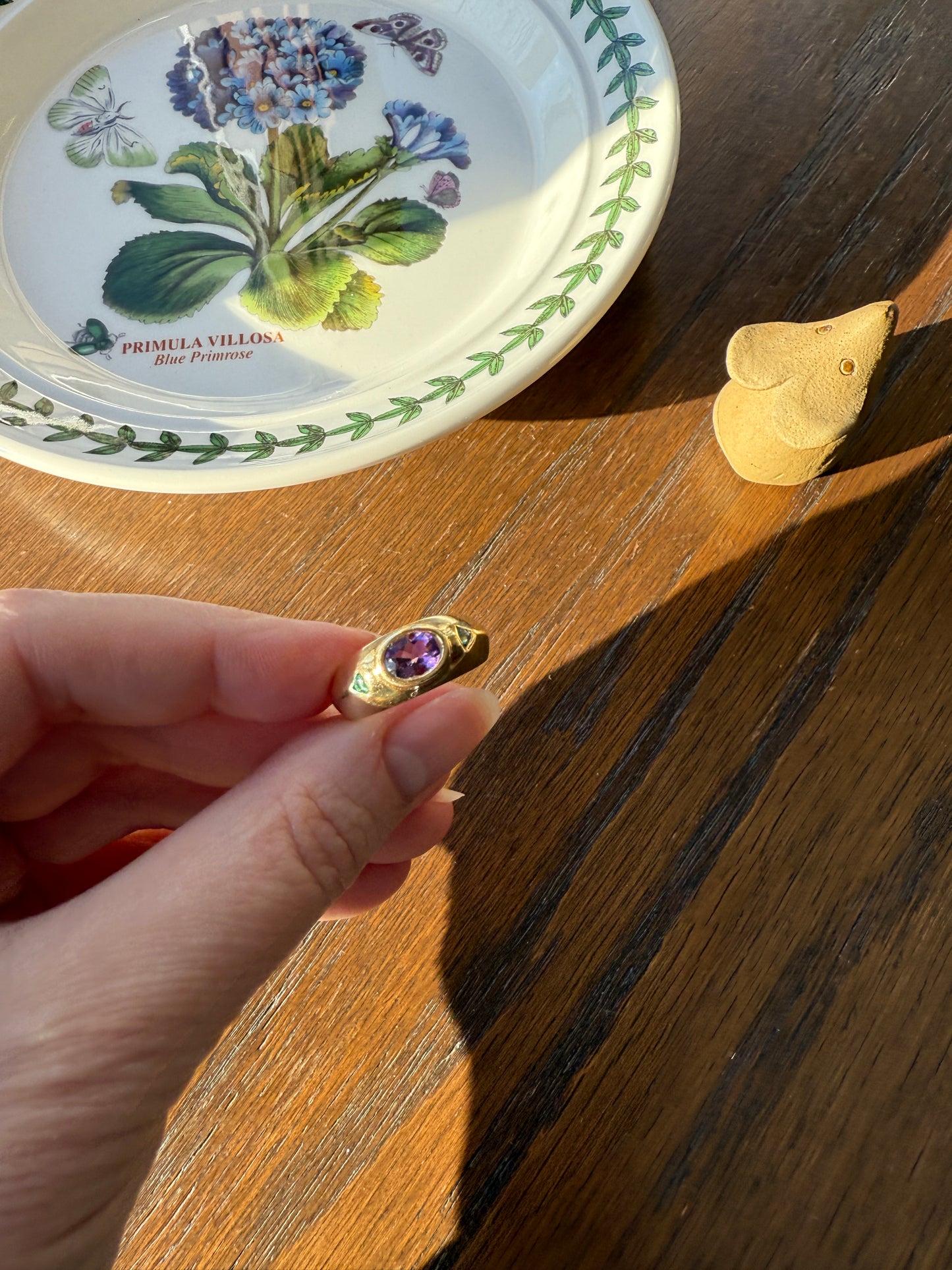 Vintage AMETHYST Emerald Geometric Domed Band Stacker Ring 18k Gold French Green Purple Chunky