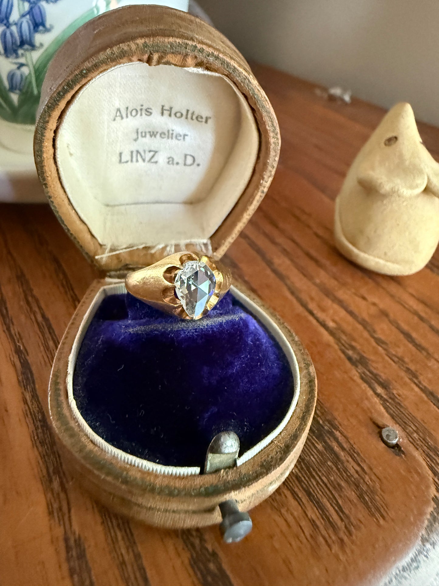 Special PEAR Open Back Rose Cut DIAMOND Original Antique Solitiare 18k Gold Buttercup Belcher Glowing Setting