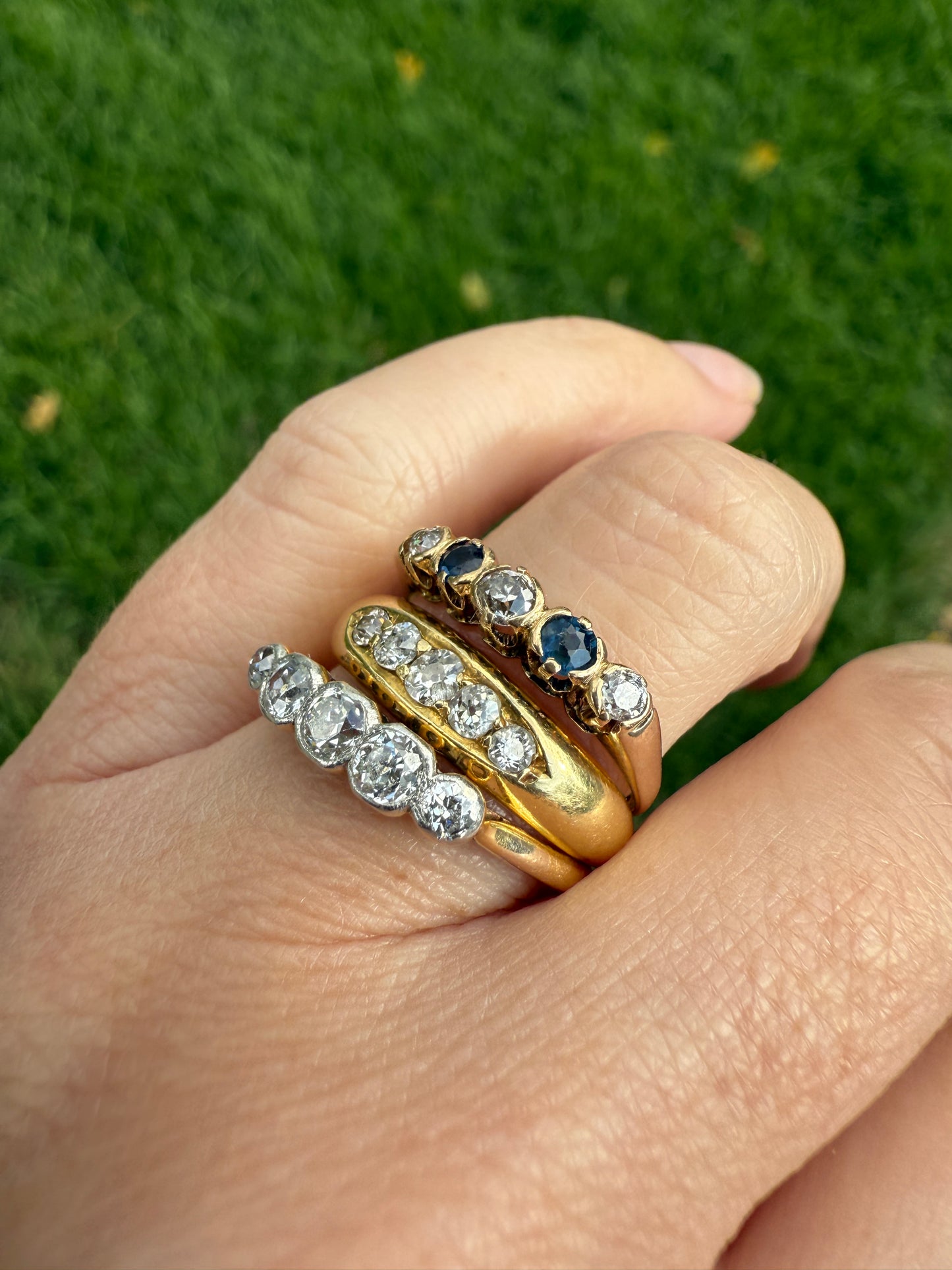 Antique Bezel Set Five Stone 0.6 Carat Old Mine Cut Diamond Ring 18k Skinny Band Stacker