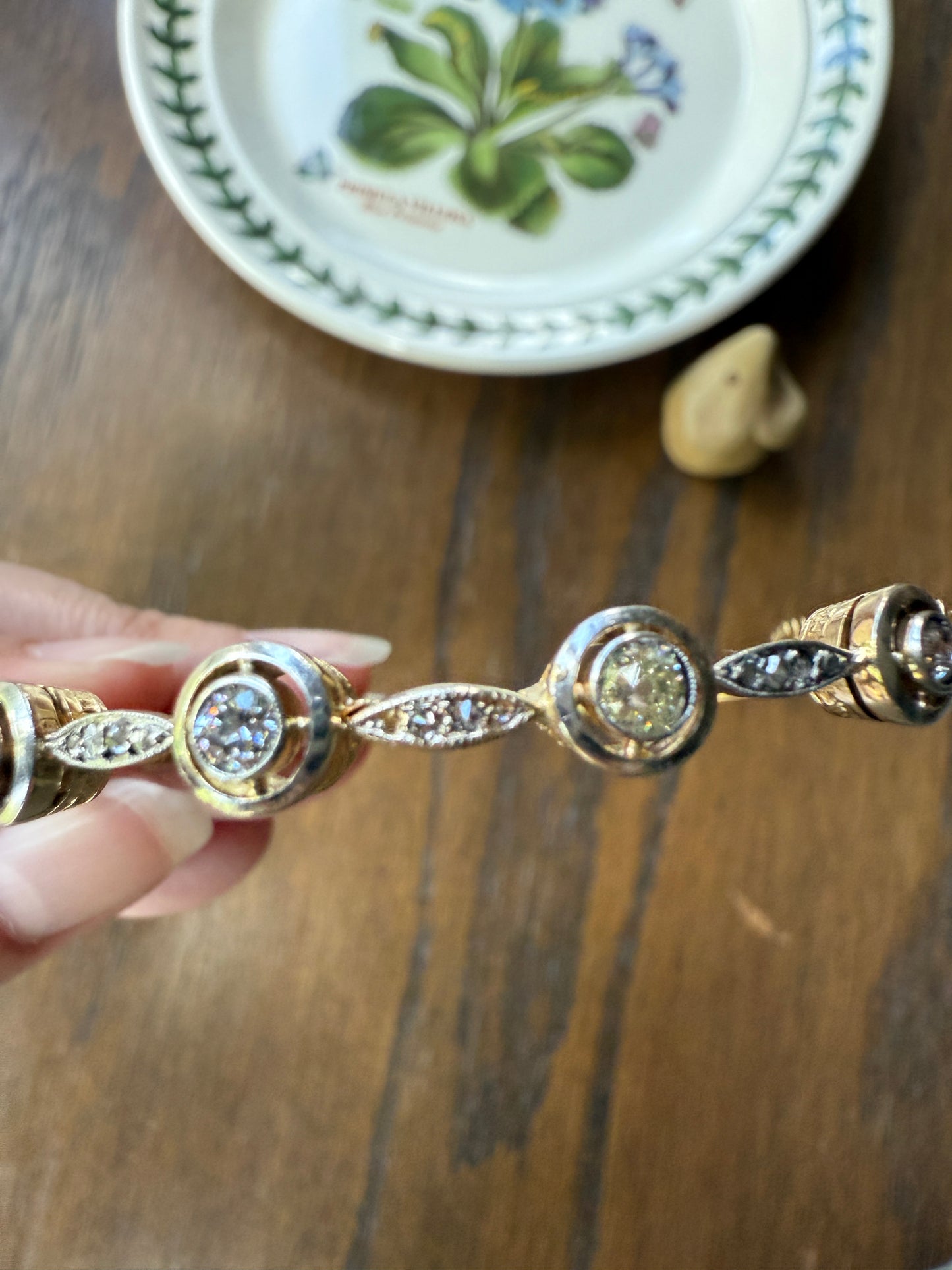 ANTIQUE 1 Carat Rose Old Mine Cut DIAMOND BANGLE Bracelet Hinged Engraved Halo Setting Yellow Champagne White Linear