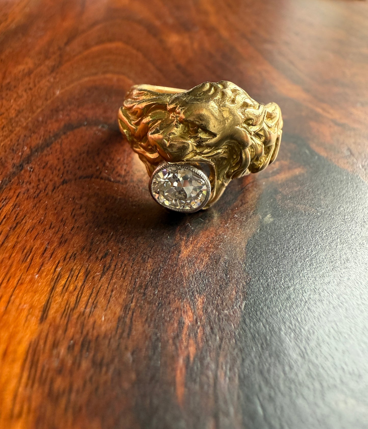 LION Antique HEAVY French 13.6g 18k GOLD Solid Ring One Carat Old Mine Cut Diamond Wide Band 3D Gift Figural Animal Jewelry Man Unisex OmC