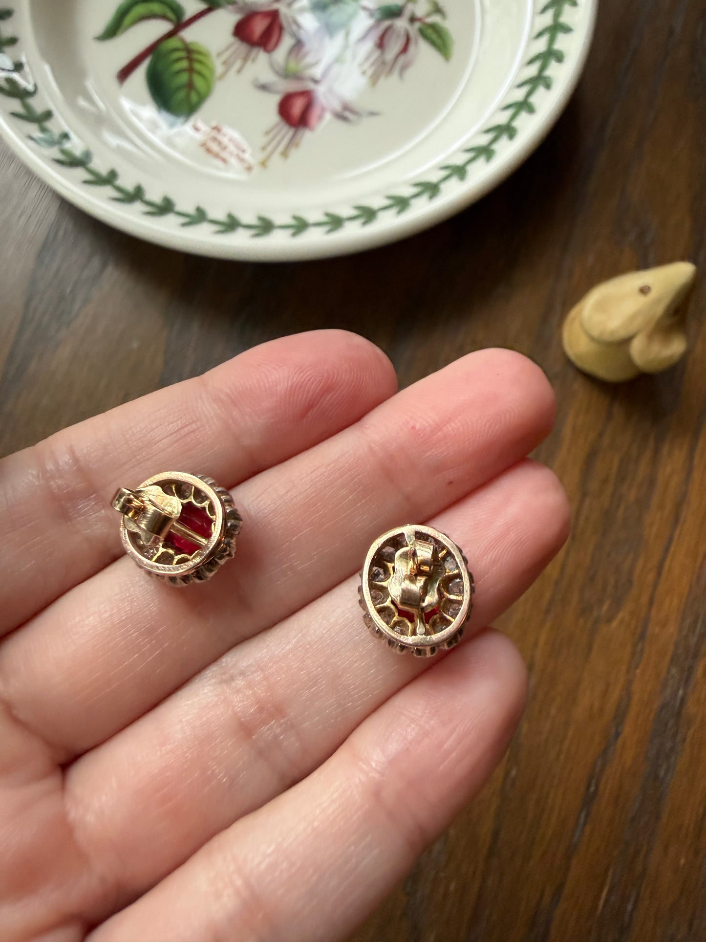 French Antique 18k Gold Red Paste Halo Rose Cut Diamond Earrings Victorian Faux Ruby Garnet Studs