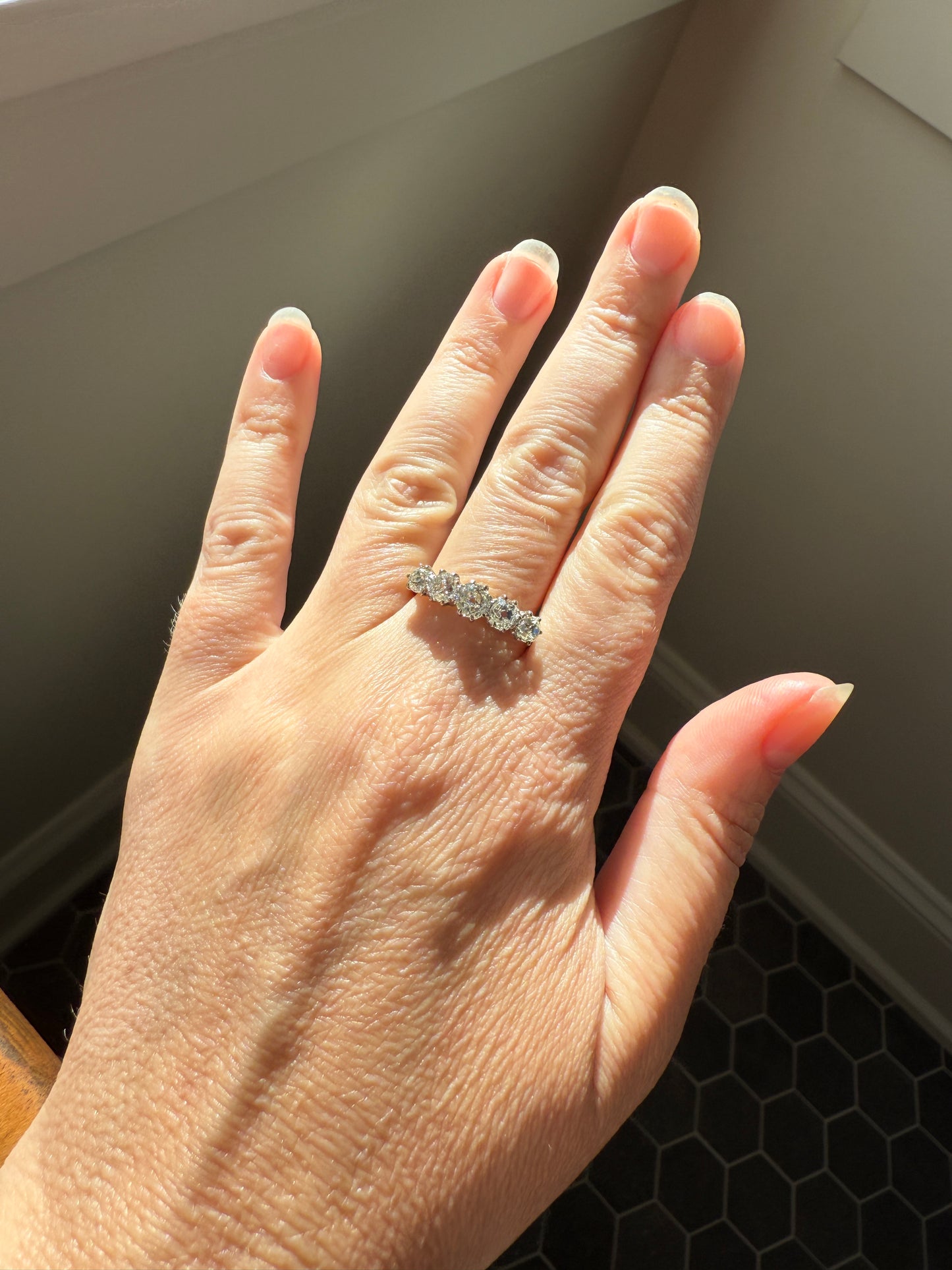 Five Stone Victorian Antique 1.75 CARAT Old Mine Cut DIAMOND Tall Stacker Ring 18k Gold Skinny Band Wedding Anniversary