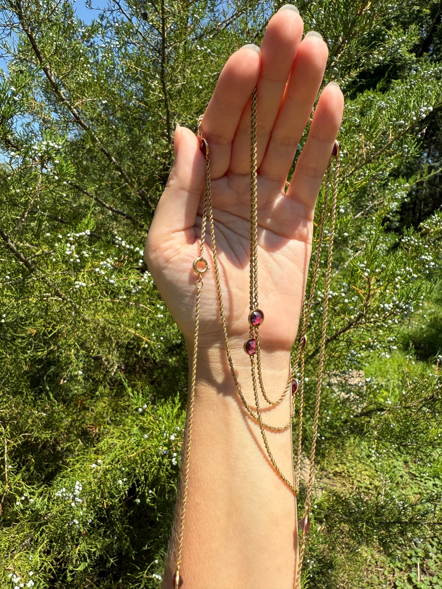 Victorian X Long Antique GARNET Station Chain Guard 67 Inch (!) 5.5 FEET 22g 14k GOLD Necklace Berry Pink Purple Neckmess Body Chain Gift