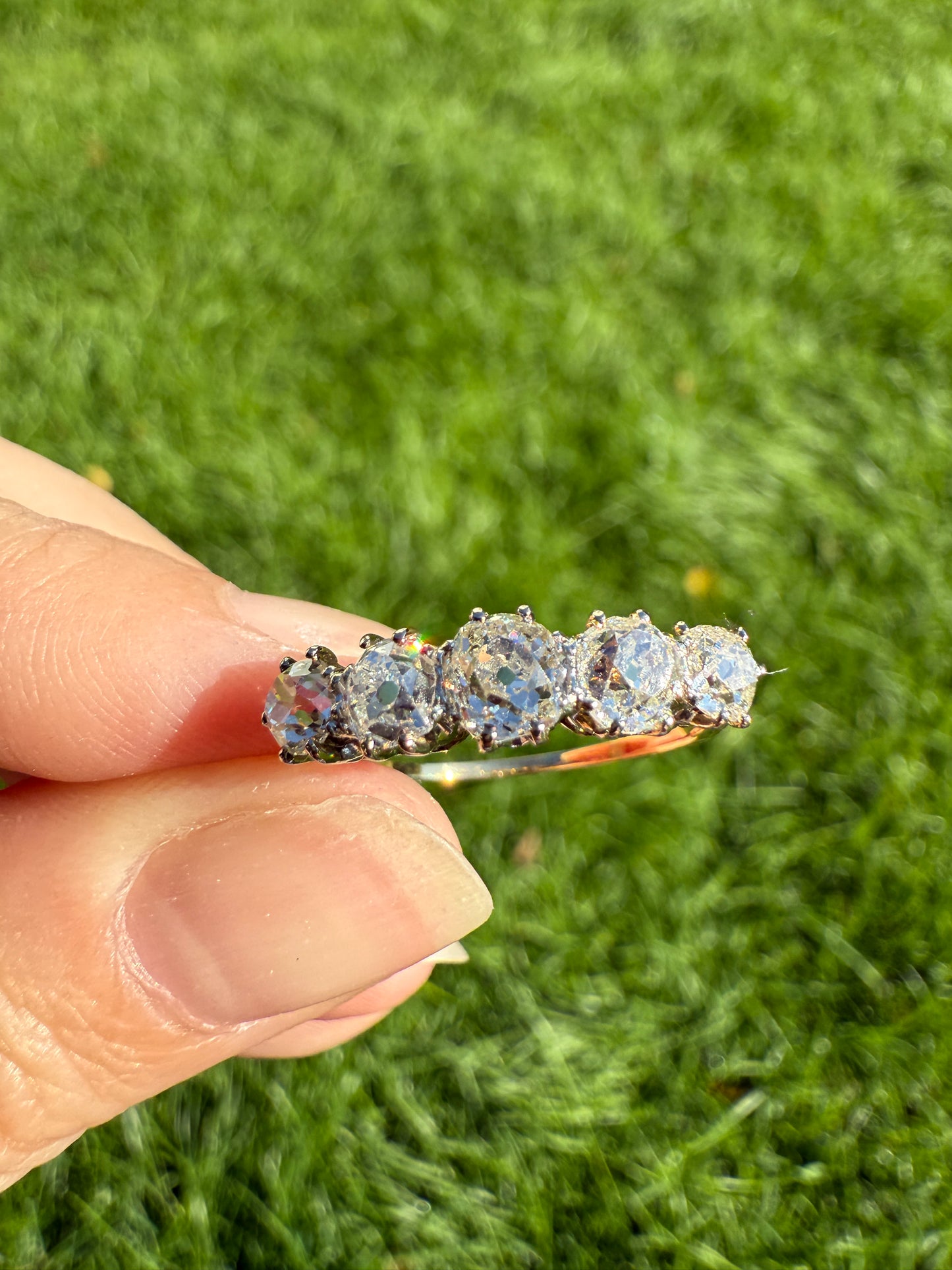 Five Stone Victorian Antique 1.75 CARAT Old Mine Cut DIAMOND Tall Stacker Ring 18k Gold Skinny Band Wedding Anniversary