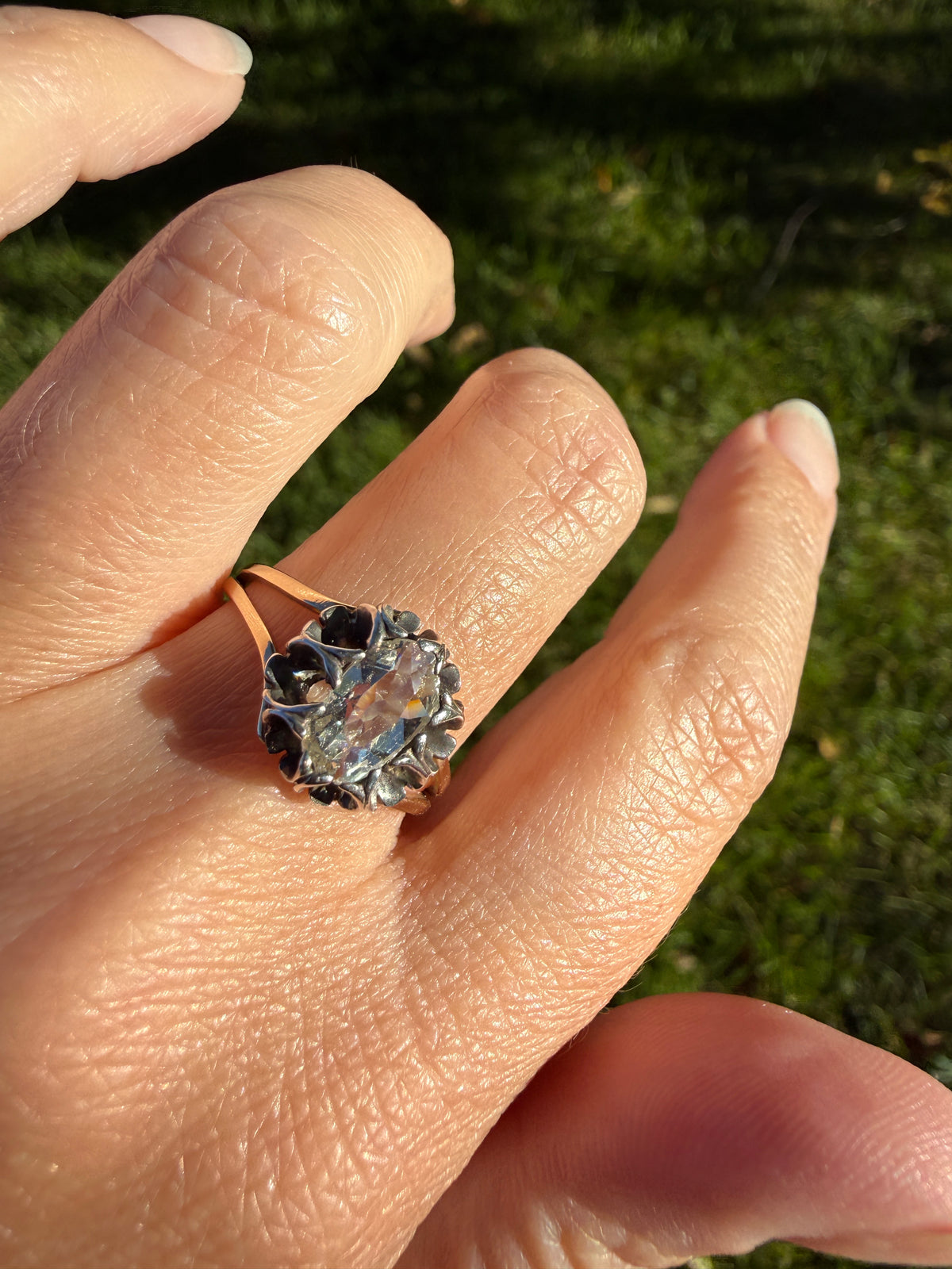 ANTIQUE Elongated Old Mine Cut Oval DIAMOND Silver Star Prong Basket Setting in 10k Gold Unique Buttercup Victorian .6 to 1.2 Ct.