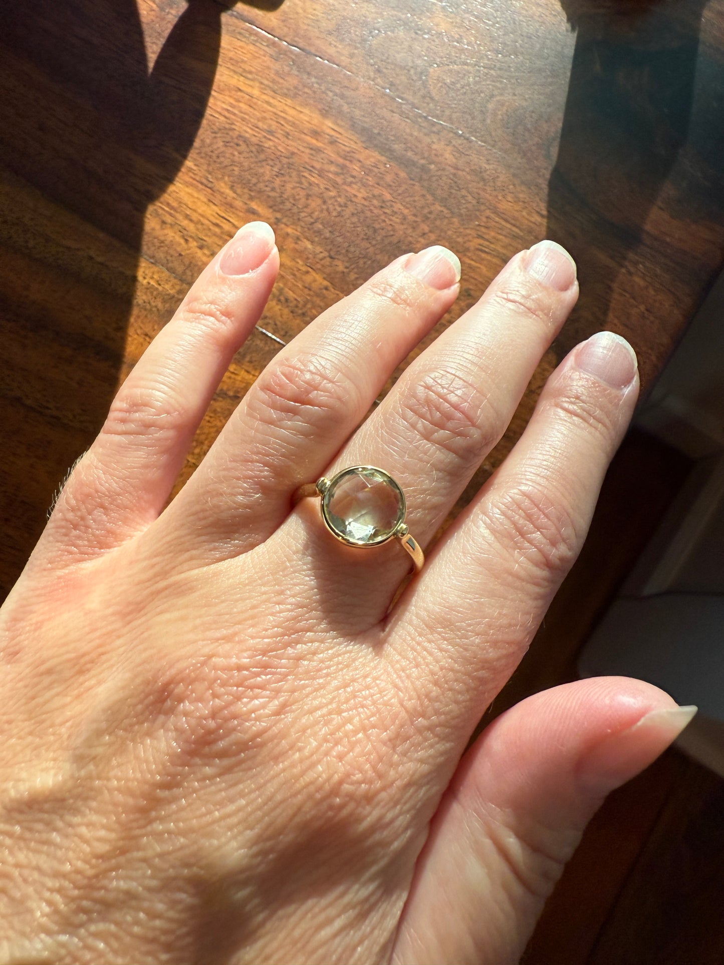 Pale GREEN Natural Prasiolite 18k Gold Bezel Set Modern Ring Domed Disco Ball Rose Cut Faceting Quartz Amethyst