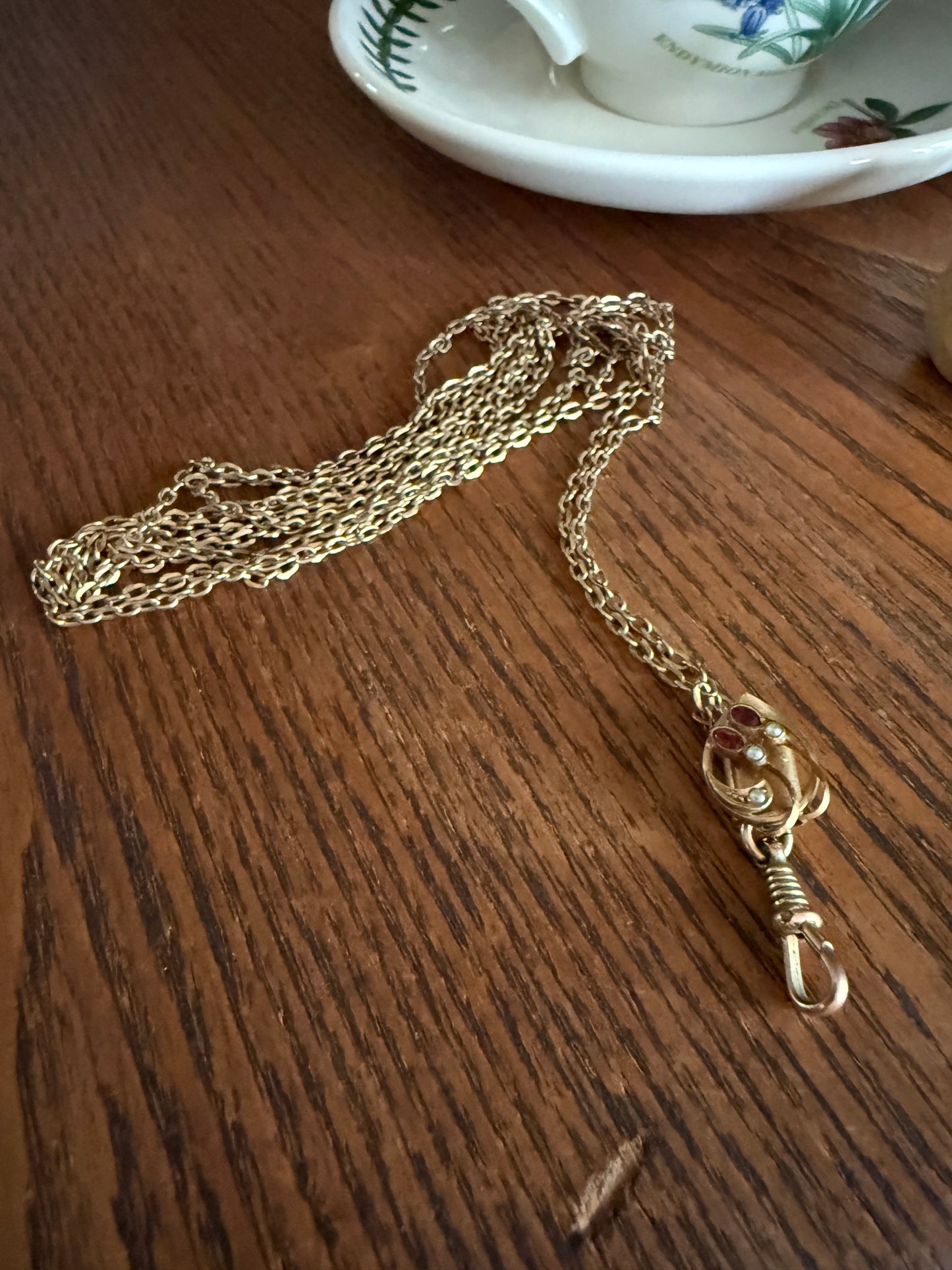 Victorian Art Nouveau Warm Rosy Gold Fill Long Guard Muff Watch Chain Necklace with Swirl Marquise Paste Ruby & Seed Pearl Slide