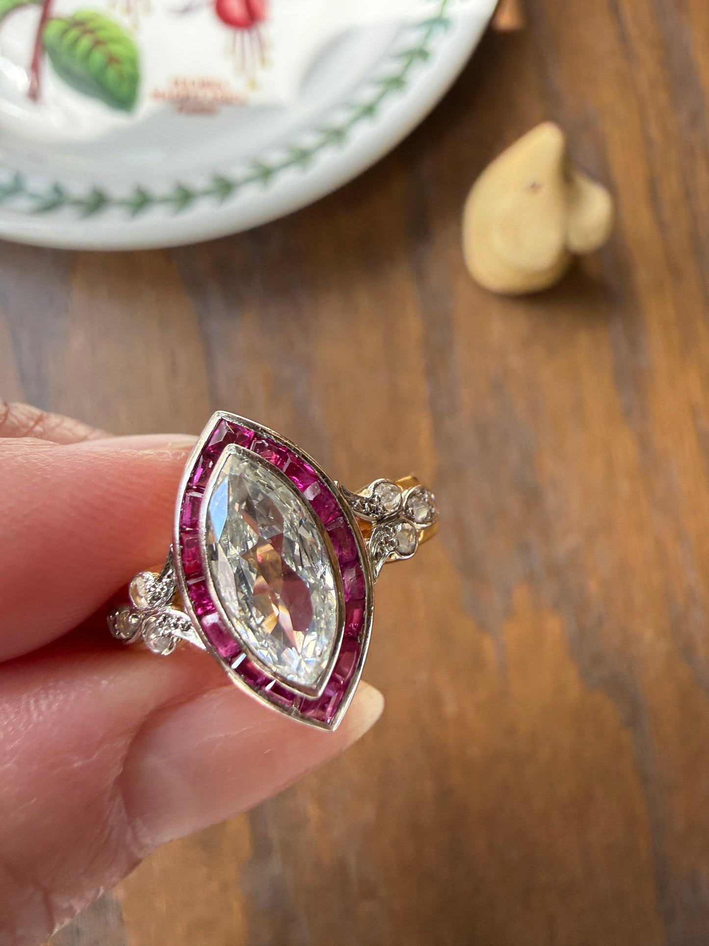 Vintage One Carat Old Cut MARQUISE Diamond Ruby HALO Navette French Art Deco Ring 18k Gold Platinum Belle Epoque Pink Rose Cut Accents