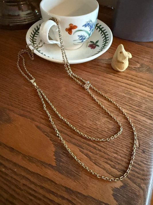 Two HEARTS Moon Star Slide Victorian Art Nouveau Warm Rosy Gold Fill Long Guard Muff Watch Chain Necklace Pearl & Opal
