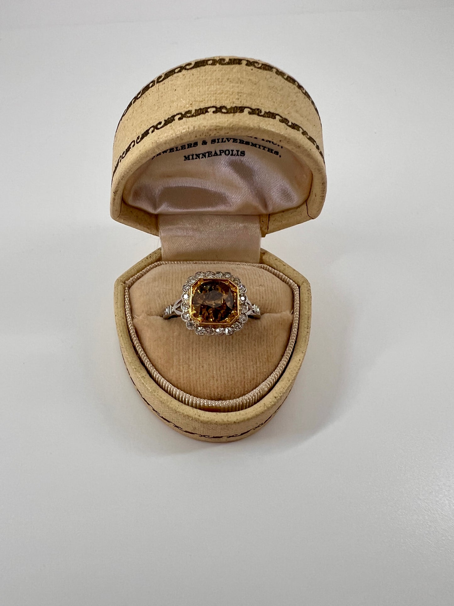 Edwardian 2.3 Carat Tdw Antique Fancy BROWN Yellow Old European Cut DIAMOND Halo Ring Platinum 18k Gold