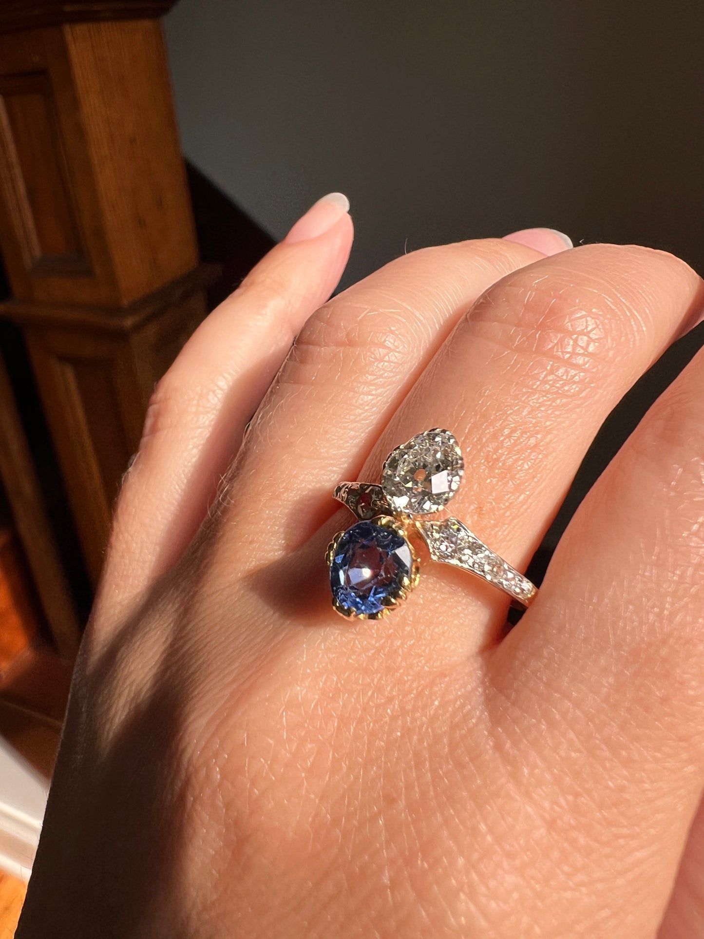 Antique No Heat PEAR Natural Ceylon SAPPHIRE Old Mine Cut DIAMOND Toi et Moi Ring 1 Carat Tdw French 18k Gold Platinum Ring