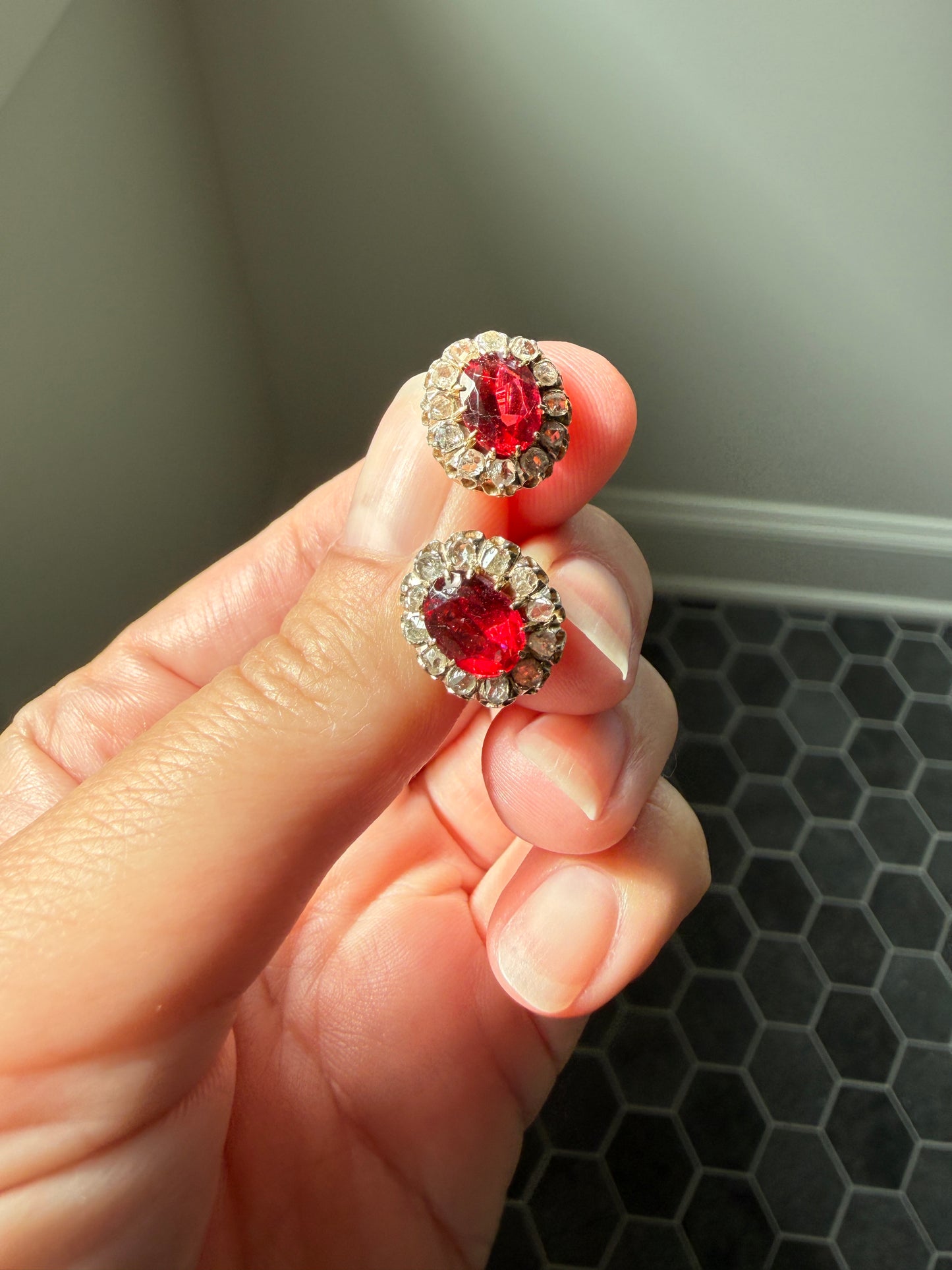 French Antique 18k Gold Red Paste Halo Rose Cut Diamond Earrings Victorian Faux Ruby Garnet Studs