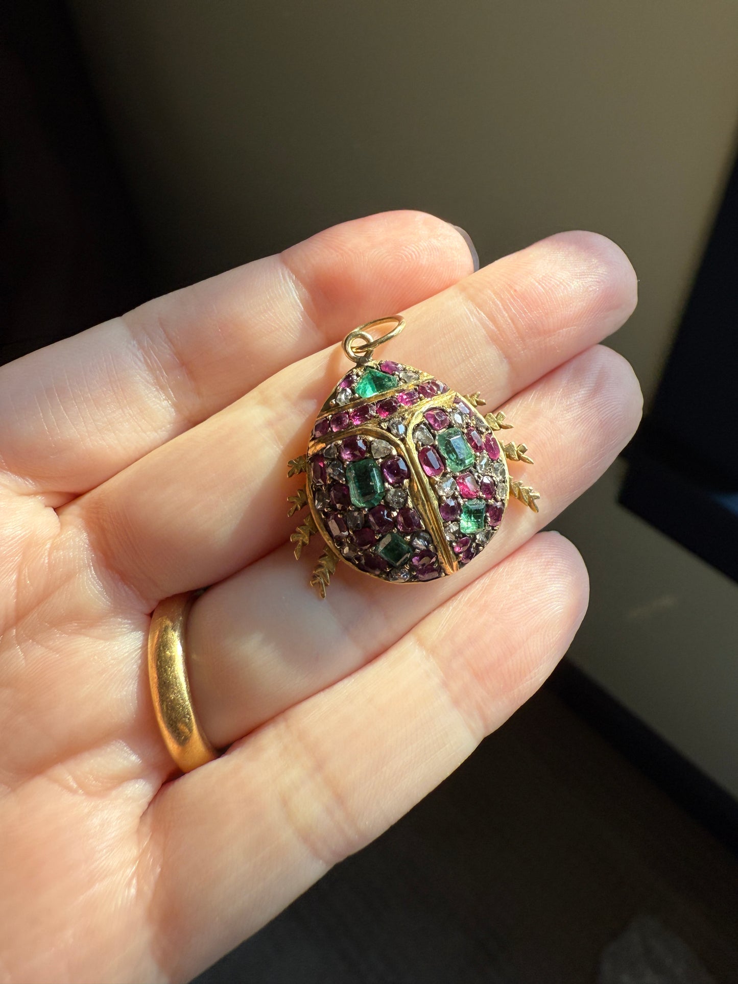 LADYBUG Large Antique Beetle Scarab Ruby Diamond Emerald Encrusted 14k Gold 3D Figural Pendant Domed Colorful Chunky