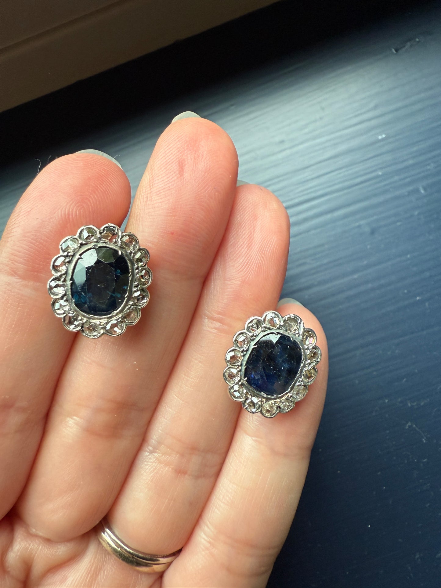 ANTIQUE Oval Natural SAPPHIRE Rose Cut DIAMOND Halo Large Stud Earrings 18k Gold Silver Topped Blue