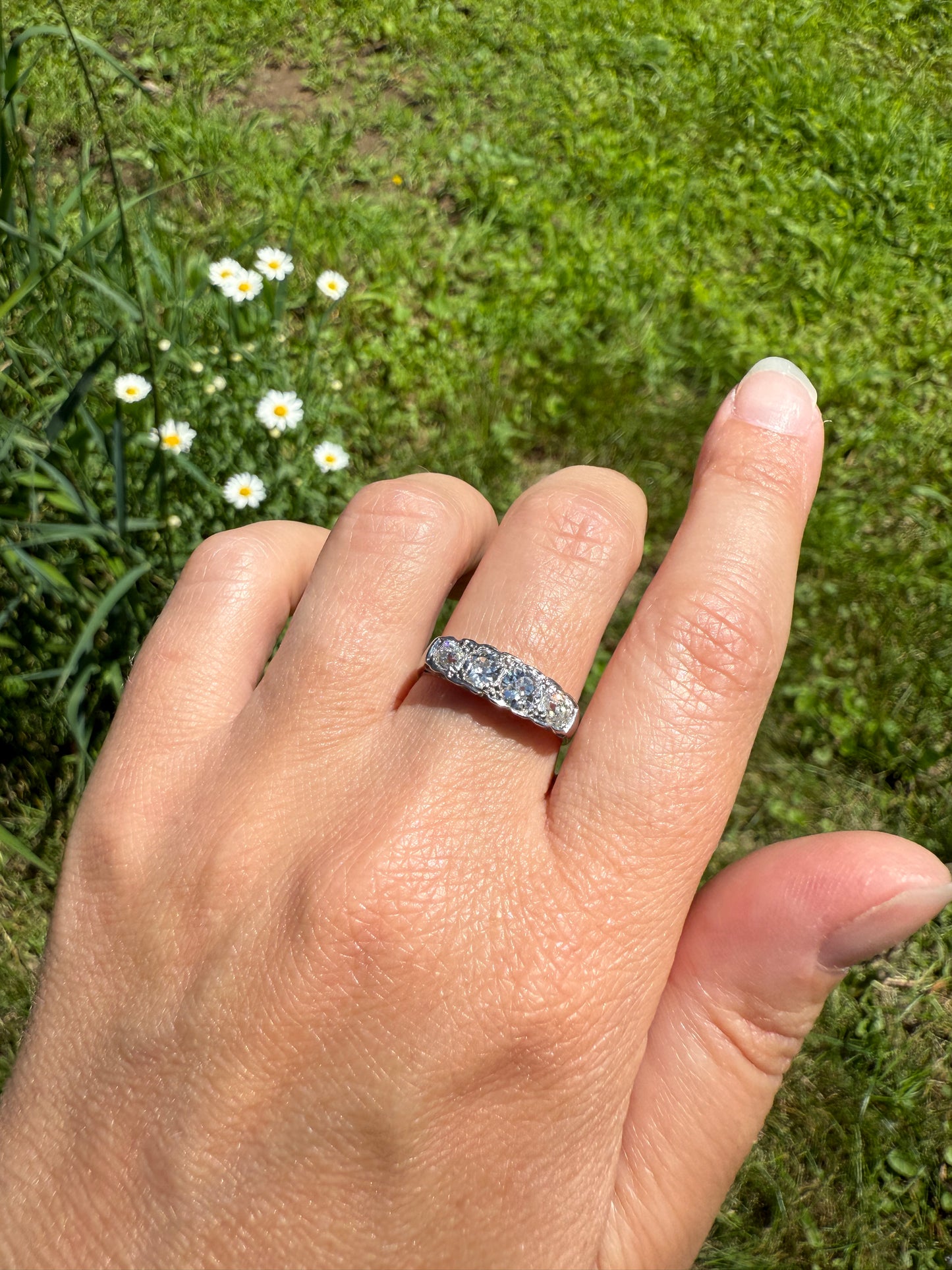 Antique 1.25 Carat Eye Clean Four Stone Old Mine Cut Diamond 18k White Gold French Band