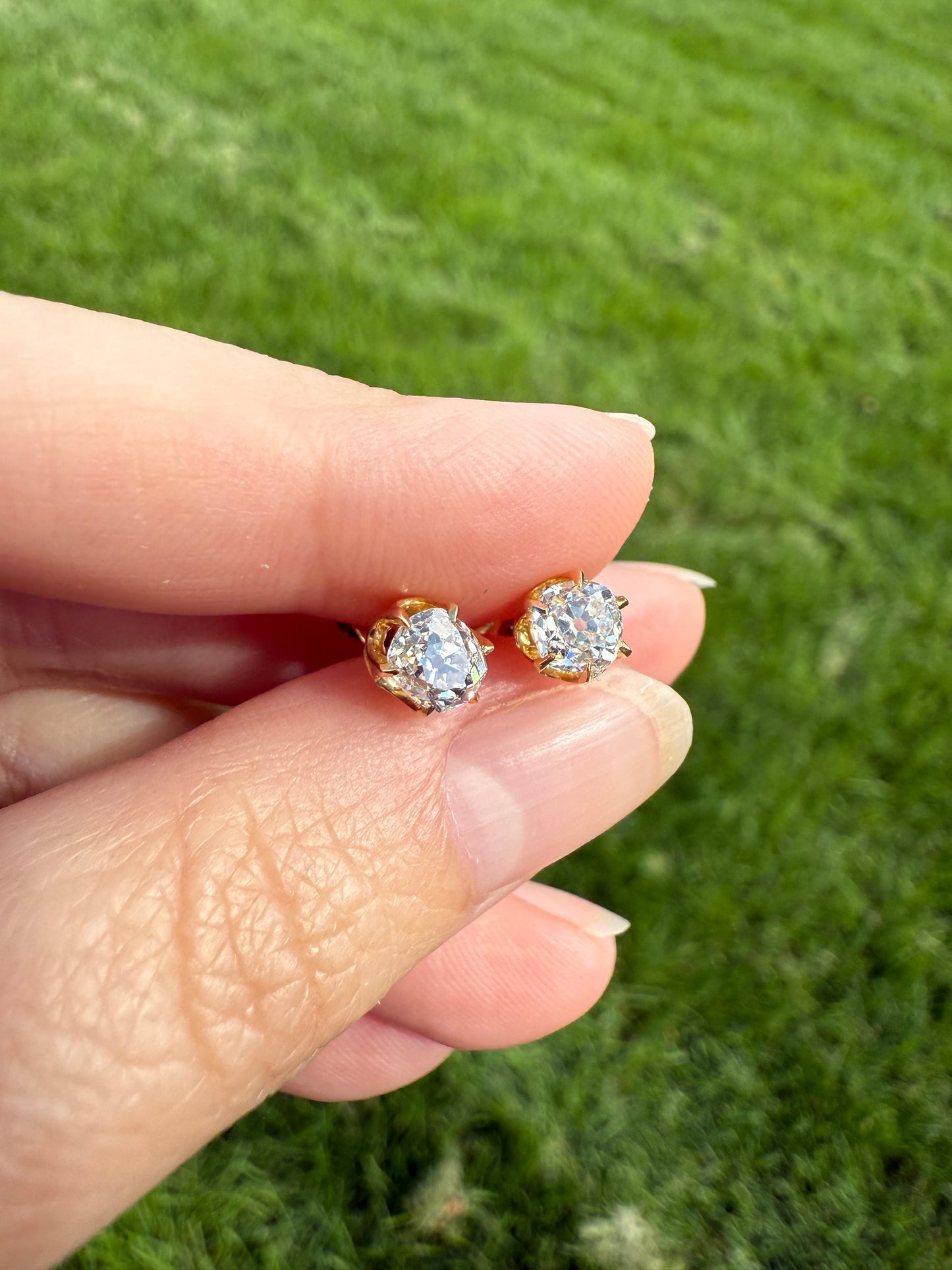 Antique 1 Carat 1Ctw. Cushion Cut Old Mine Cut DIAMOND Stud Earrings 18k GOLD Setting 9k Backs