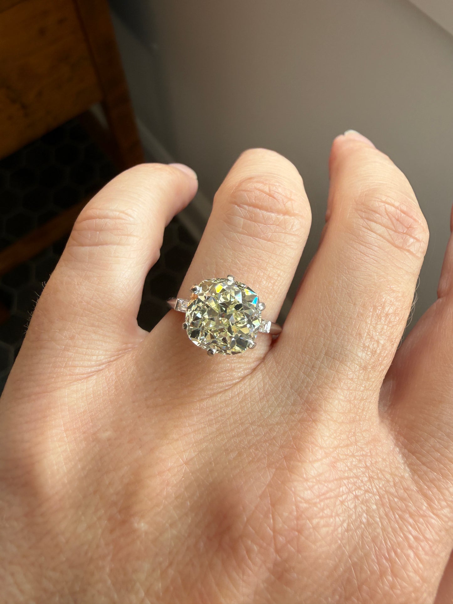 Chunky Vintage Four Carat Eye Clean Old Mine Cut Diamond Solitaire Engagement Ring French 18k White Gold Platinum Art Deco Baguette Tall OMC