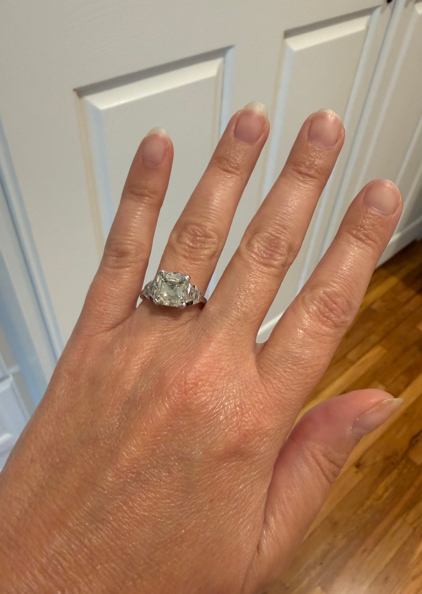 Exceptional 4 Carat Square Step Cut Diamond Solitaire Ring French PLATINUM w/ Trapezoid Accents Vintage to Art Deco 4.5Ctw Faces Eye CLEAN