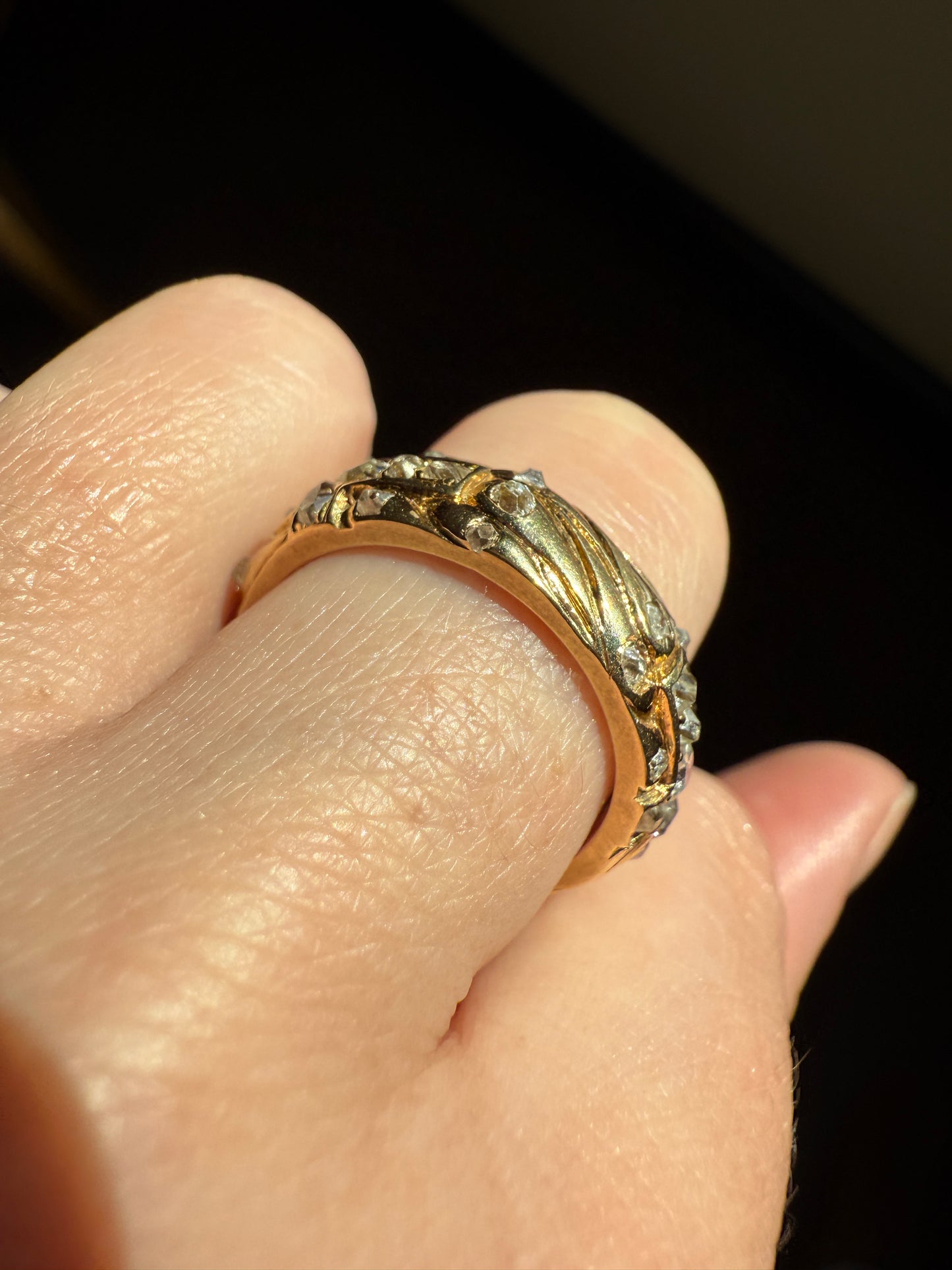 HEAVY One of a Kind Chunky Elongated 1.5ctw Old Mine Cut DIAMOND Encrusted Eternity Band French c1939 Ring 9.6g 18k Gold Anniversary? Dated