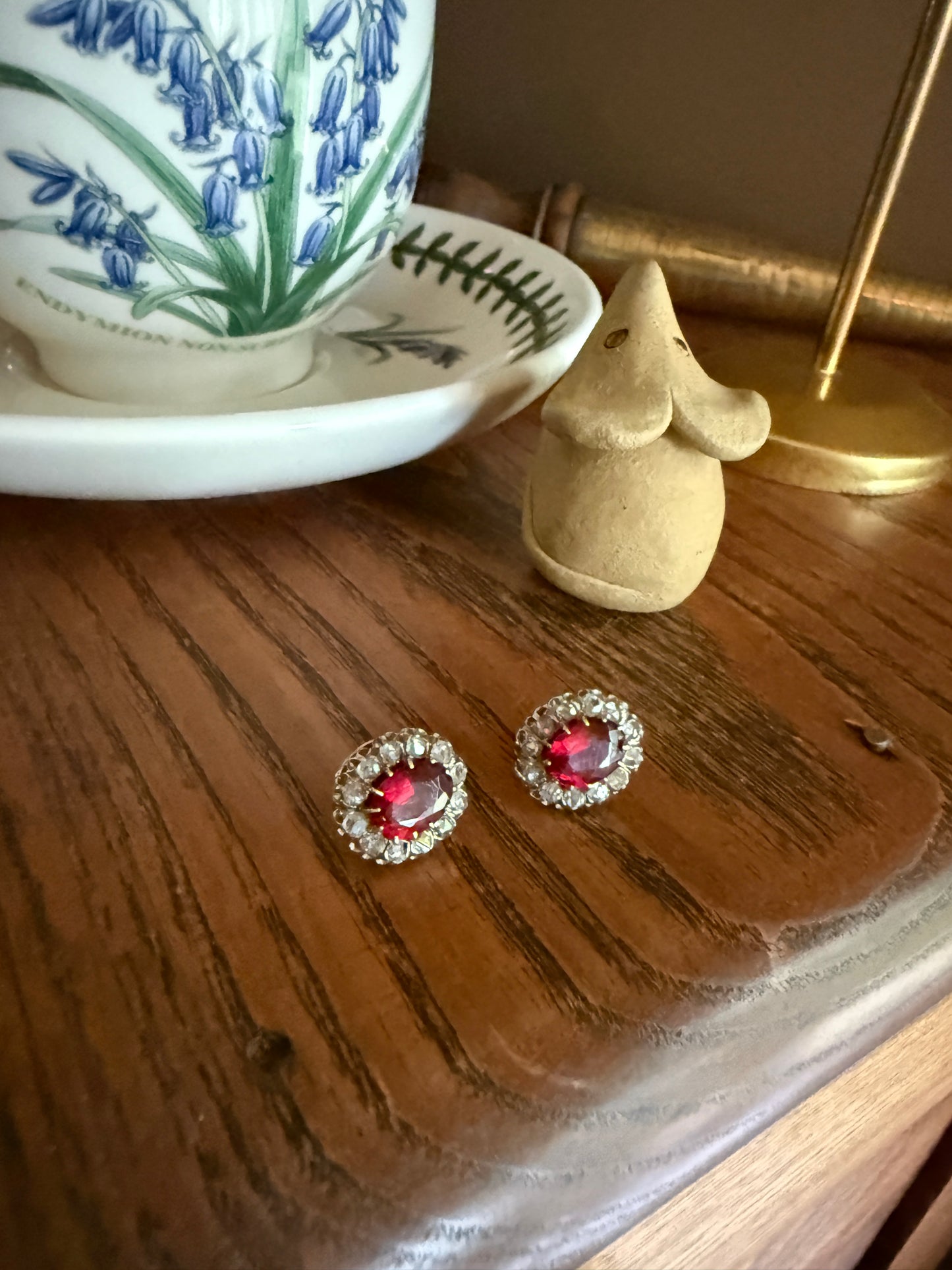 French Antique 18k Gold Red Paste Halo Rose Cut Diamond Earrings Victorian Faux Ruby Garnet Studs