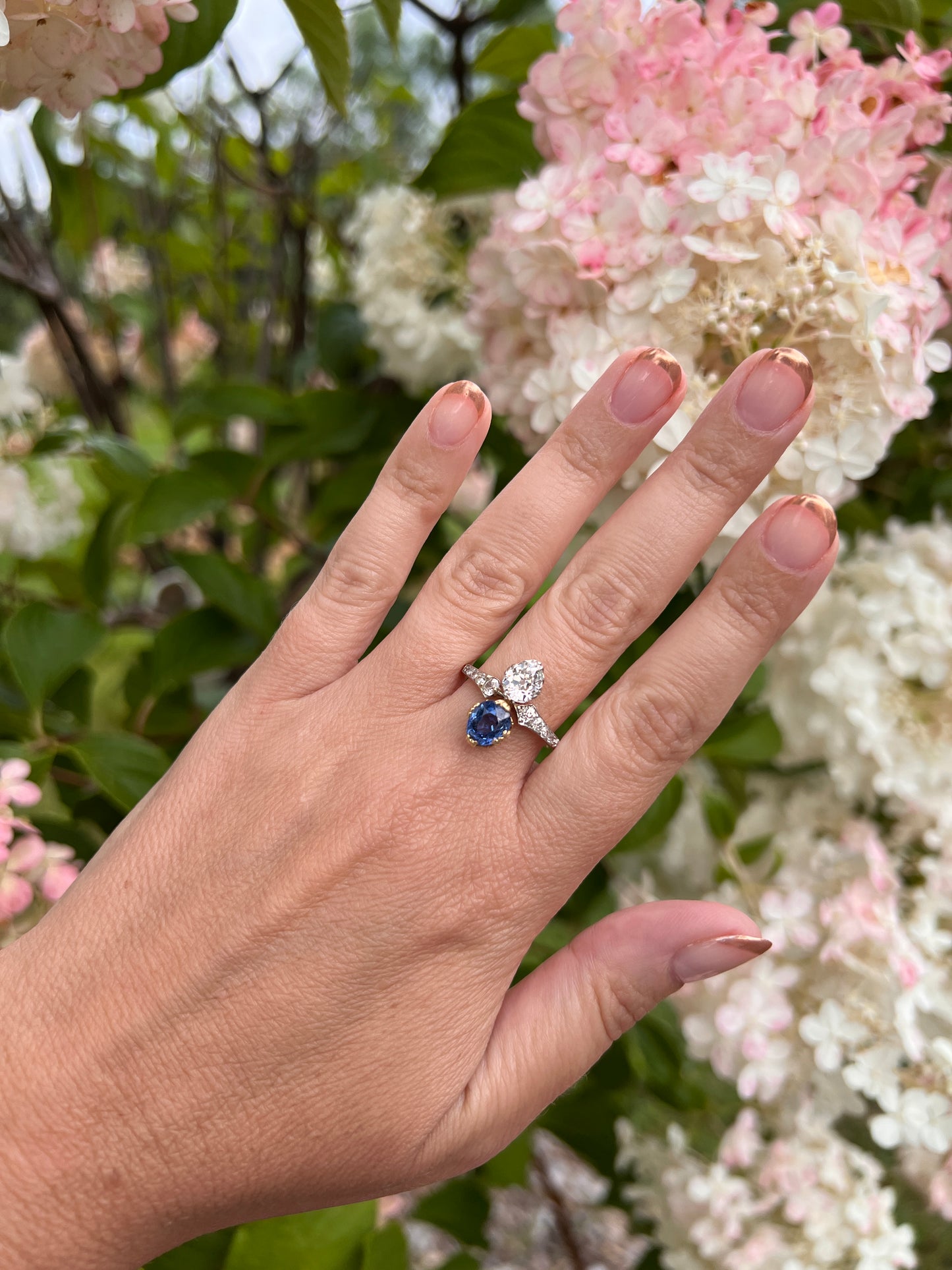 Antique No Heat PEAR Natural Ceylon SAPPHIRE Old Mine Cut DIAMOND Toi et Moi Ring 1 Carat Tdw French 18k Gold Platinum Ring